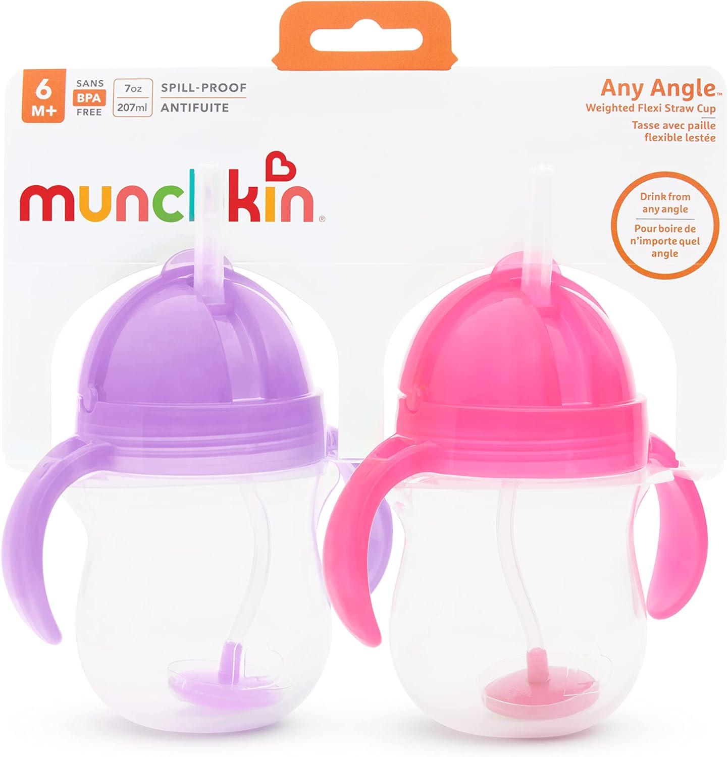 imageMunchkin Any Angle Sippy Cups for Toddlers Spill Proof Weighted Straw Cup with Transition Handles for Babies 6 Months and Up 7 Ounce 2 Pack BluePinkPurple