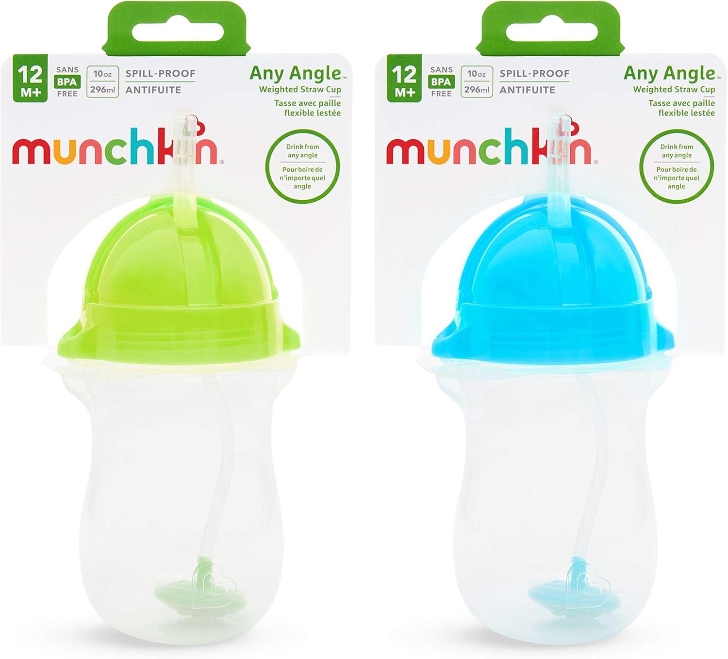 imageMunchkin Any Angle Weighted Toddler Straw Cups with Click Lock Lid 10 Ounce 2 Pack PinkPurpleBlueGreen