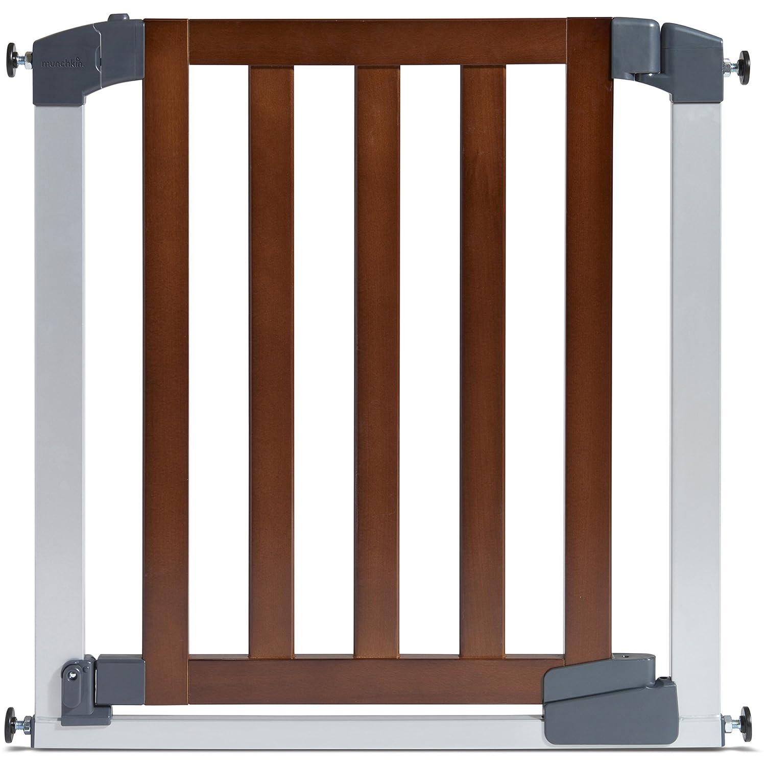 imageMunchkin Auto Close Modern Pressure Mounted Baby Gate for Stairs Hallways and Doors Walk Through with Door 2 x 405 x 29 inches Dark Wood and Silver MetalAuto Close Gate