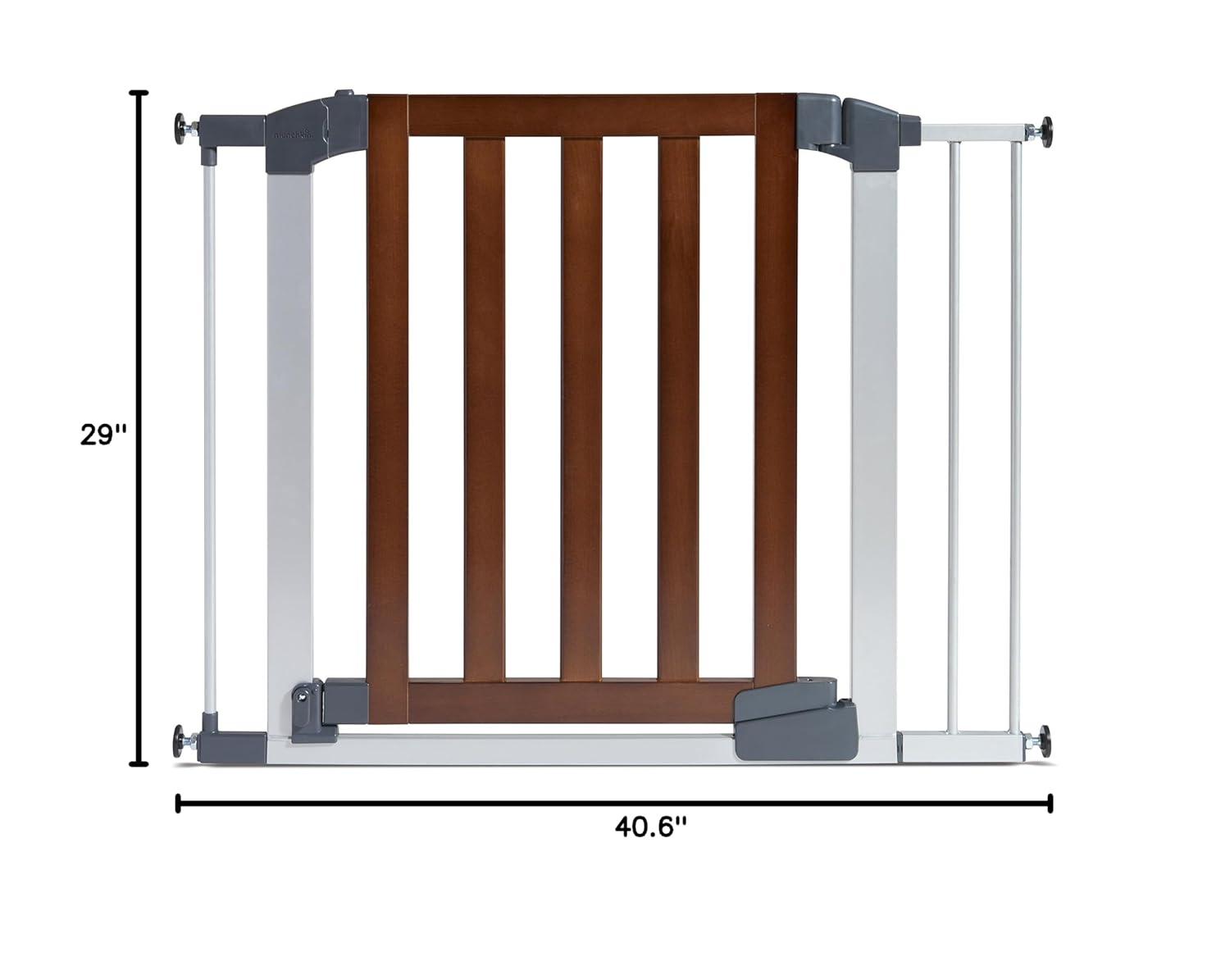 imageMunchkin Auto Close Modern Pressure Mounted Baby Gate for Stairs Hallways and Doors Walk Through with Door 2 x 405 x 29 inches Dark Wood and Silver MetalAuto Close Gate