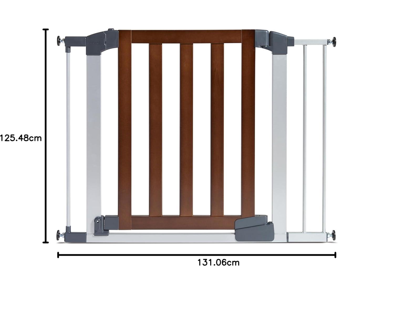 imageMunchkin Auto Close Modern Pressure Mounted Baby Gate for Stairs Hallways and Doors Walk Through with Door 2 x 405 x 29 inches Dark Wood and Silver MetalAuto Close Gate