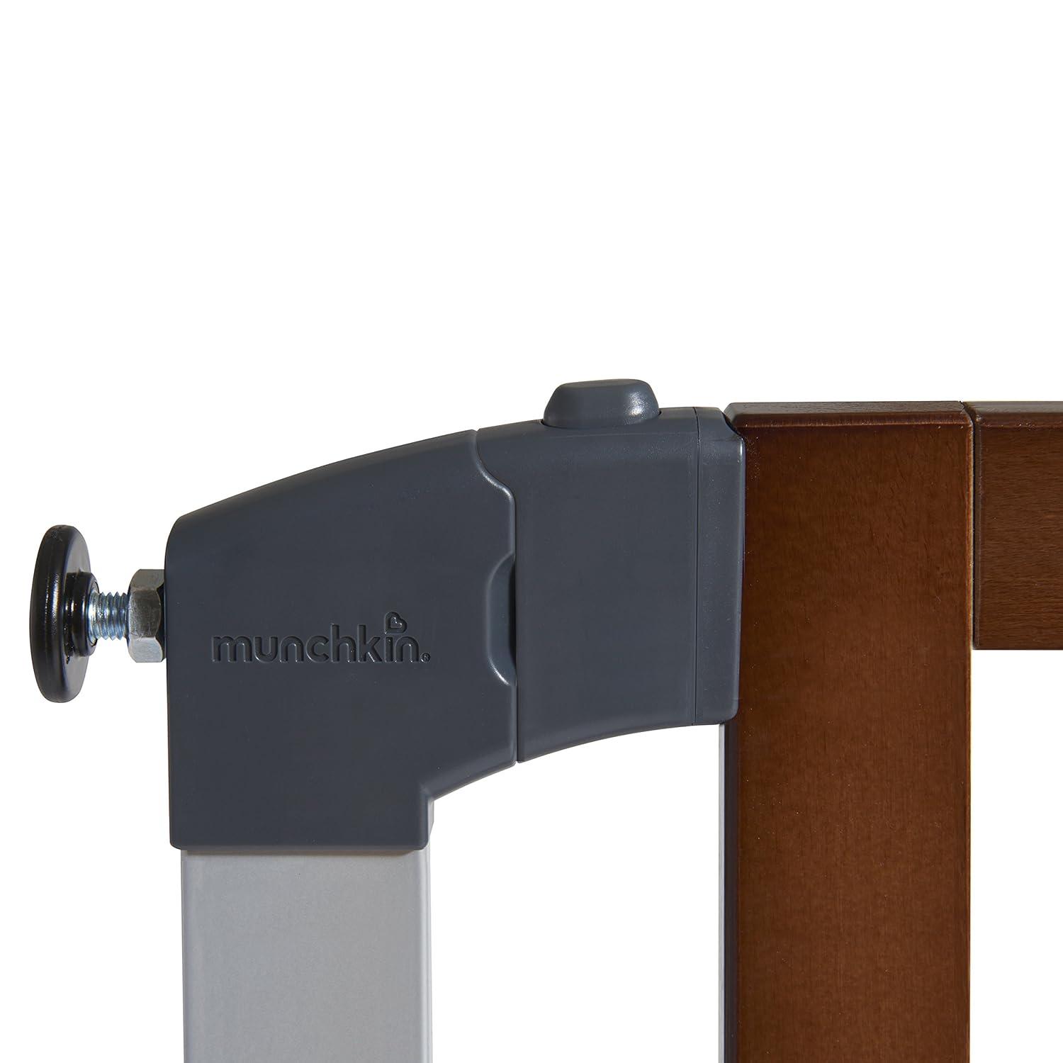 imageMunchkin Auto Close Modern Pressure Mounted Baby Gate for Stairs Hallways and Doors Walk Through with Door 2 x 405 x 29 inches Dark Wood and Silver MetalAuto Close Gate