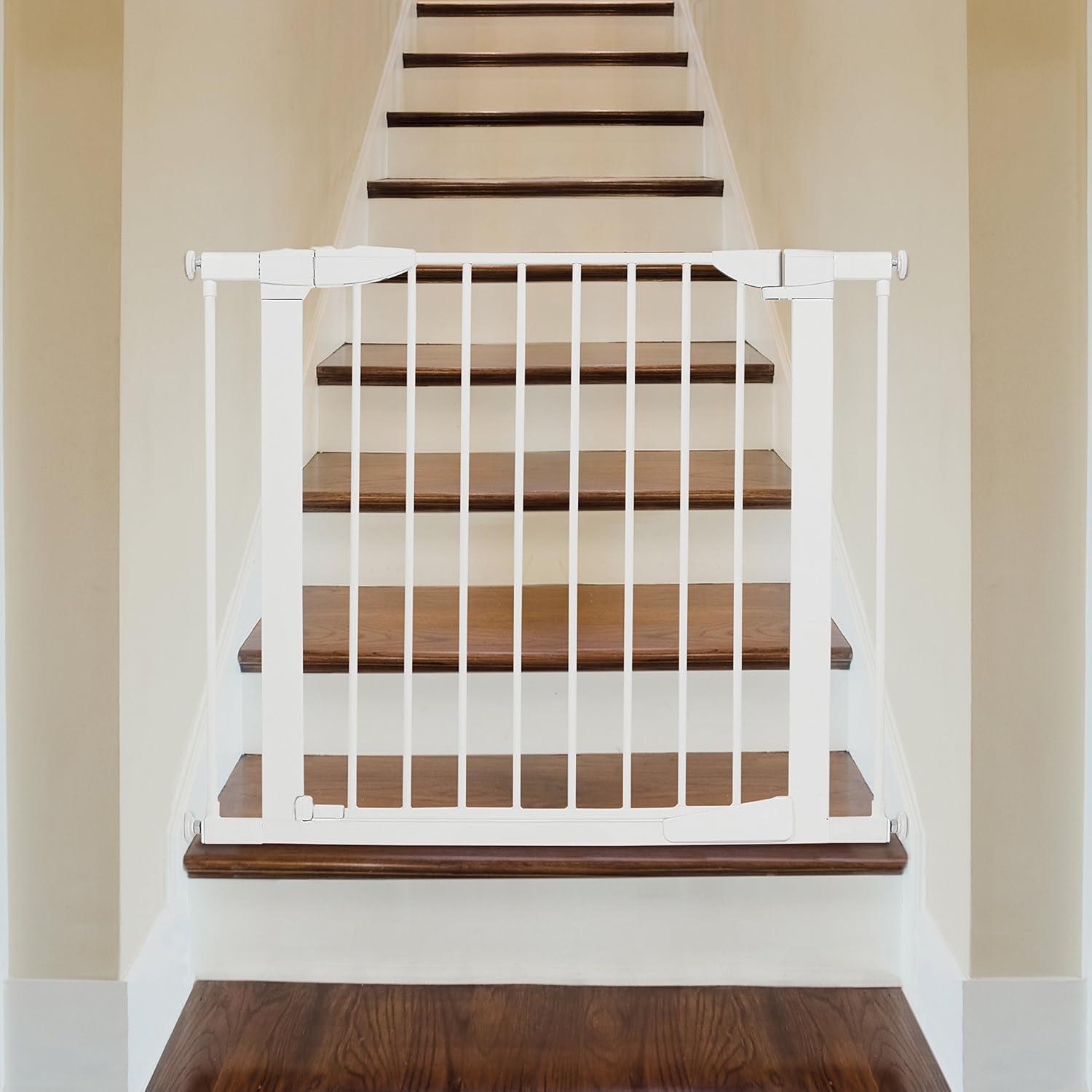 imageMunchkin Auto Close Pressure Mounted Baby Gate for Stairs Hallways and Doors Walk Through with Door Metal White  378 Inch Pack of 1
