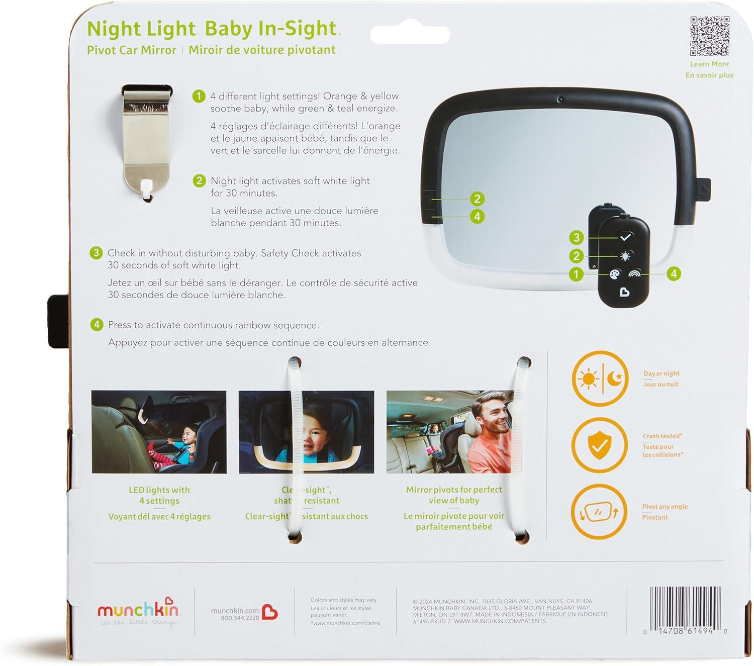 imageMunchkin Baby Car Mirror for Rear Facing Car Seats Night Light LED Pivot 360 Baby inSight Adjustable Auto Mirror BlackCar Mirror