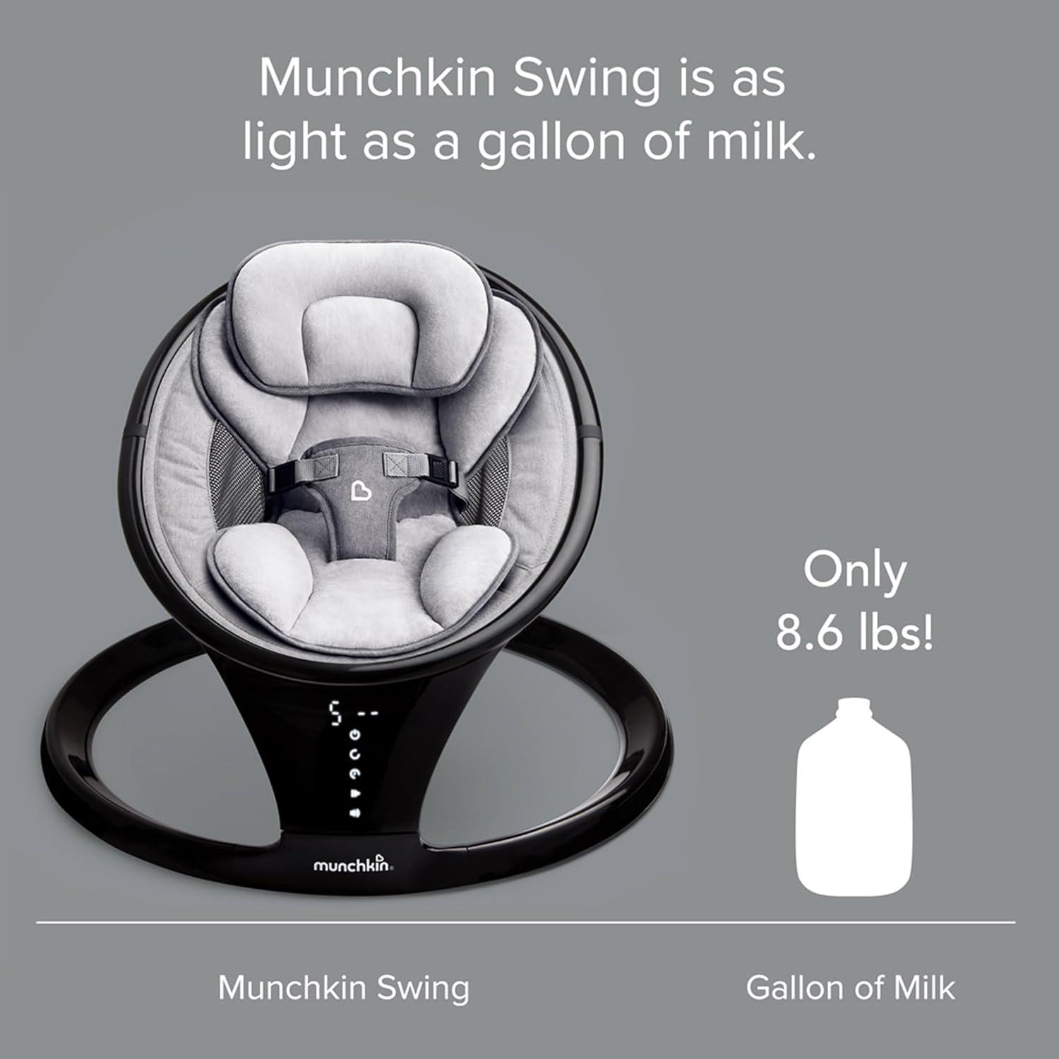 imageMunchkin Baby Swing Portable and Lightweight Bluetooth Enabled Electric Infant Rocker with Natural Sway in 5 Ranges of Motion Newborn Nursery Essentials BlackGreySwing