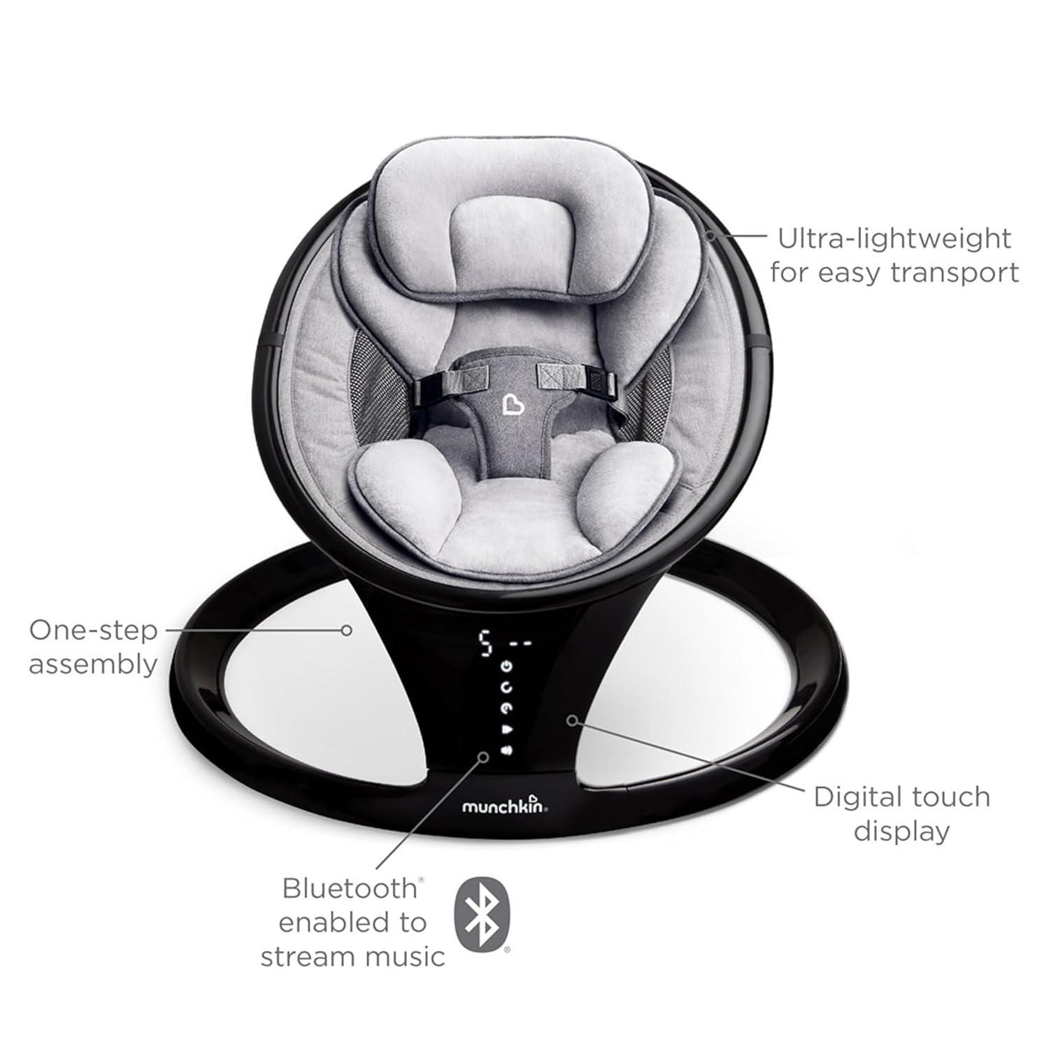 imageMunchkin Baby Swing Portable and Lightweight Bluetooth Enabled Electric Infant Rocker with Natural Sway in 5 Ranges of Motion Newborn Nursery Essentials BlackGreySwing