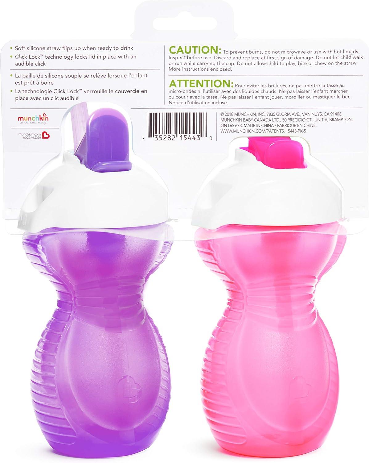 imageMunchkin Click Lock Flip Straw Toddler Sippy Cup 9 Ounce 2 Pack PinkPurple2 Count Pack of 4