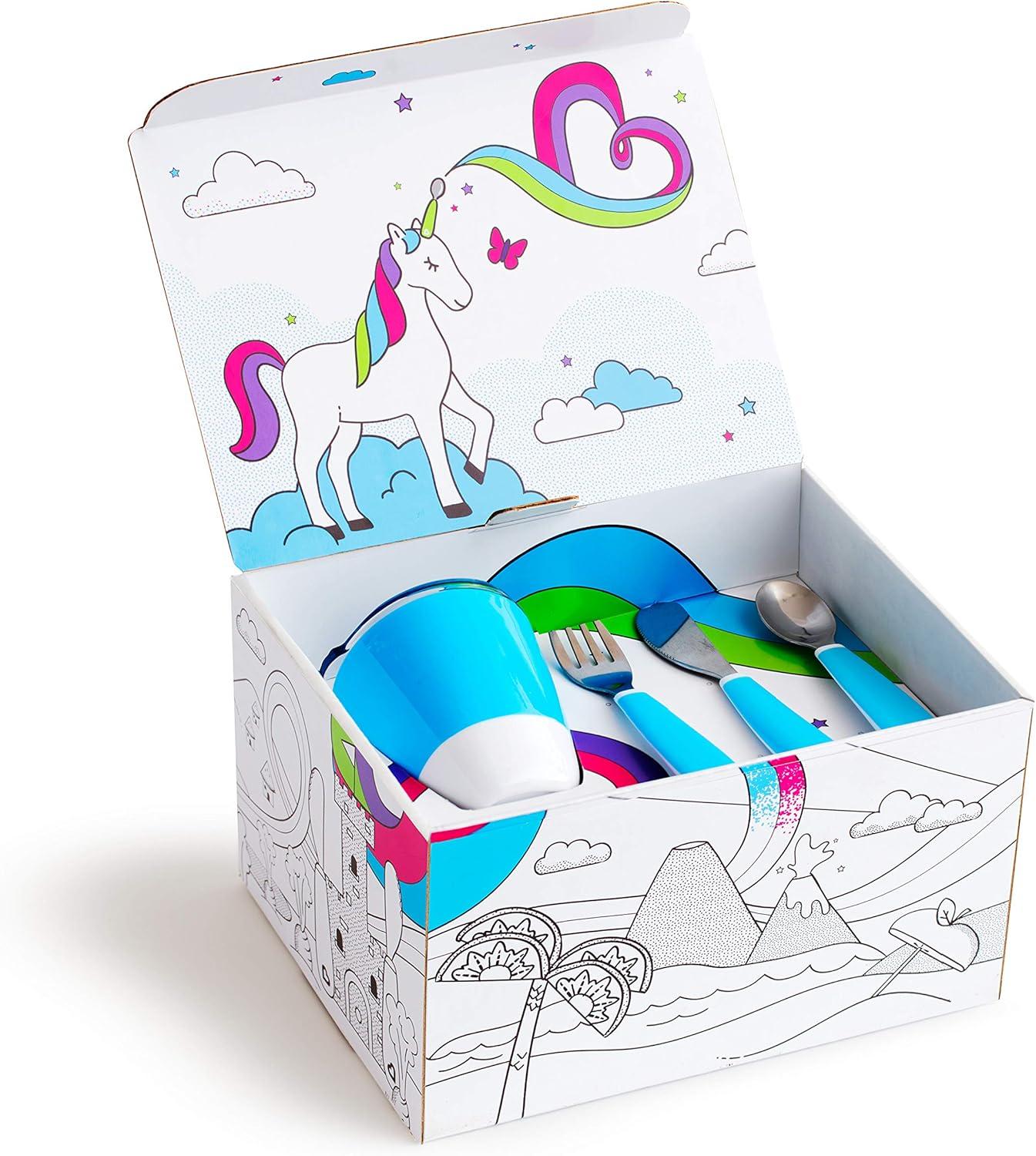 imageMunchkin Color Me Hungry 7pc Toddler Feeding Supplies Set Includes Plates Bowl Open Cup and Utensils in a Gift Box BlueBlue 7pc Set
