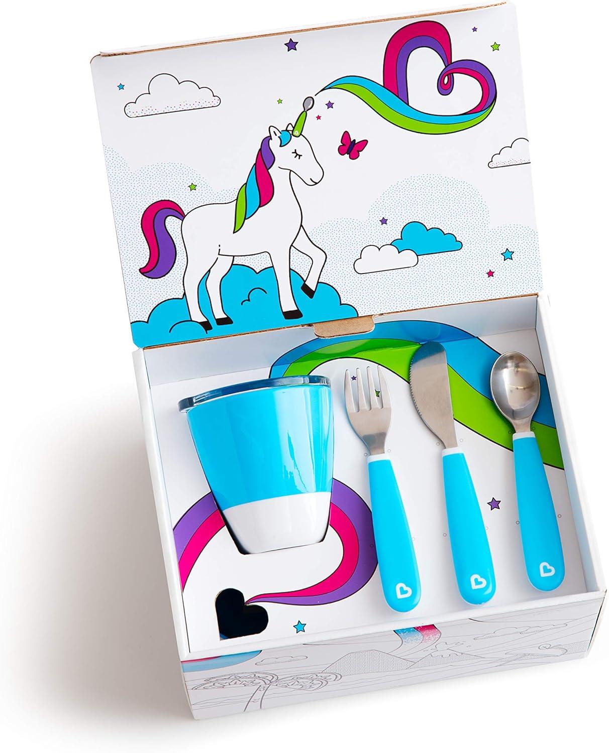 imageMunchkin Color Me Hungry 7pc Toddler Feeding Supplies Set Includes Plates Bowl Open Cup and Utensils in a Gift Box BlueBlue 7pc Set
