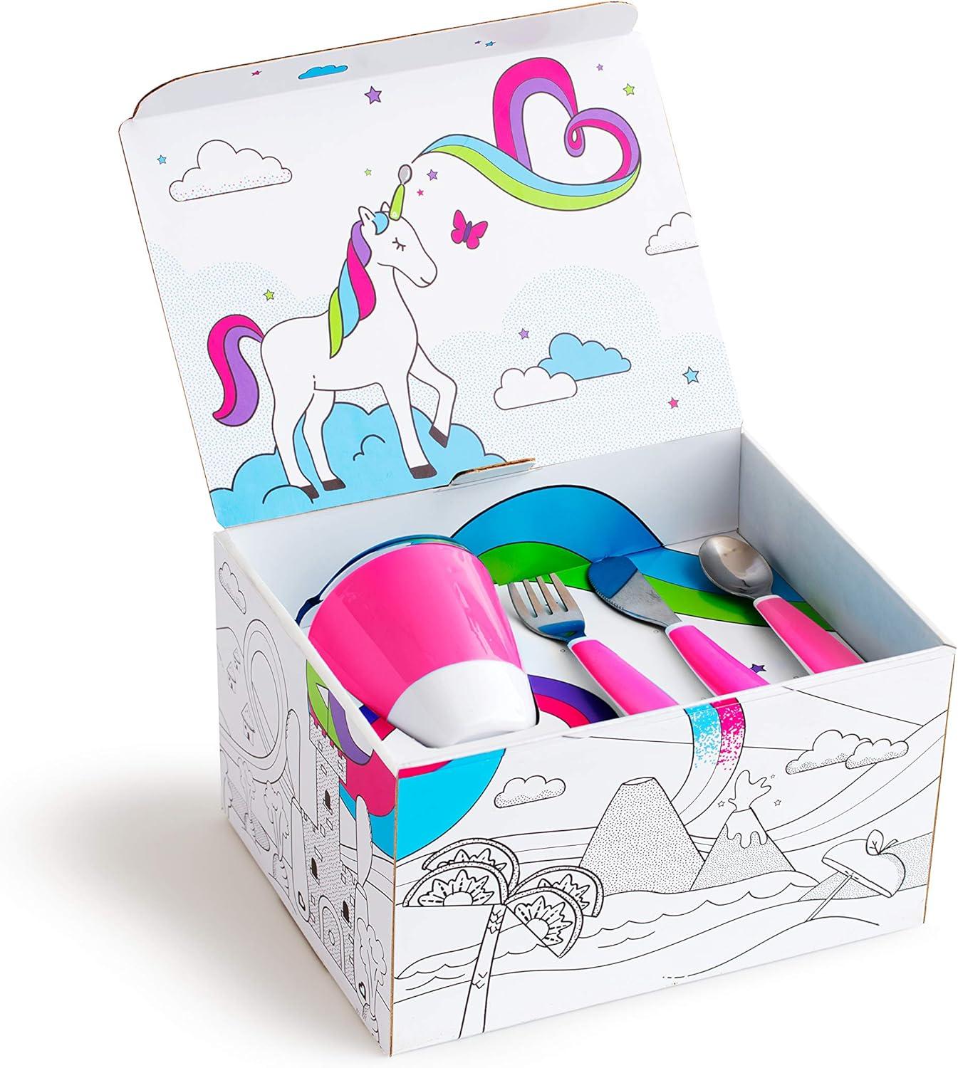 imageMunchkin Color Me Hungry 7pc Toddler Feeding Supplies Set Includes Plates Bowl Open Cup and Utensils in a Gift Box BluePink 7pc Set