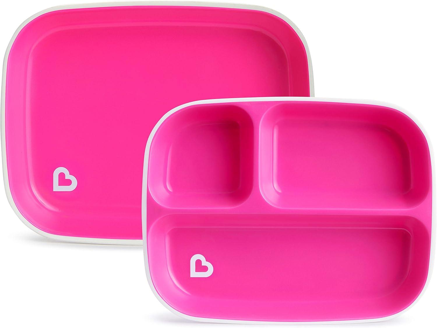 imageMunchkin Color Me Hungry 7pc Toddler Feeding Supplies Set Includes Plates Bowl Open Cup and Utensils in a Gift Box BluePink 7pc Set