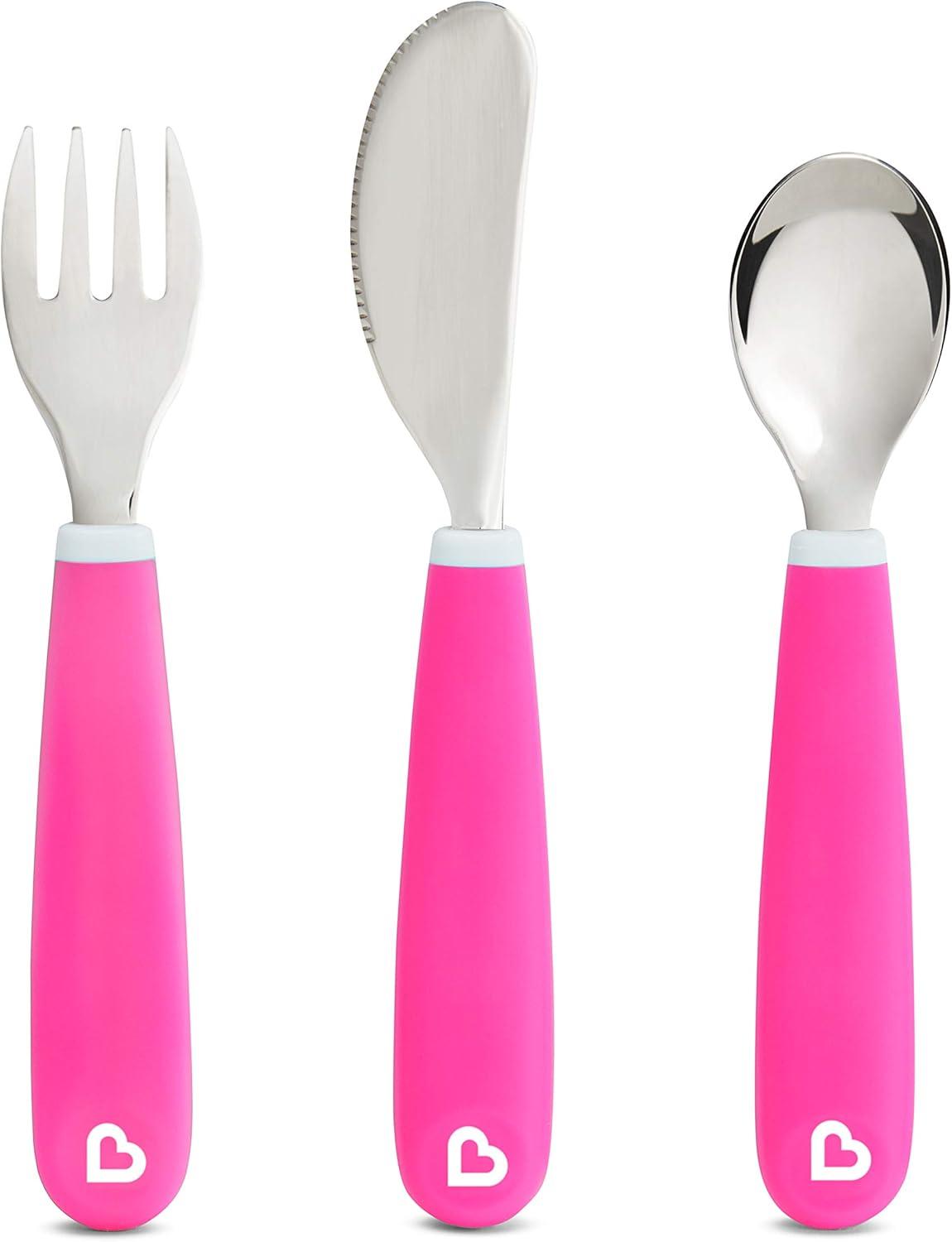imageMunchkin Color Me Hungry 7pc Toddler Feeding Supplies Set Includes Plates Bowl Open Cup and Utensils in a Gift Box BluePink 7pc Set