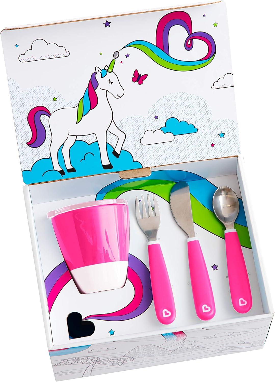imageMunchkin Color Me Hungry 7pc Toddler Feeding Supplies Set Includes Plates Bowl Open Cup and Utensils in a Gift Box BluePink 7pc Set