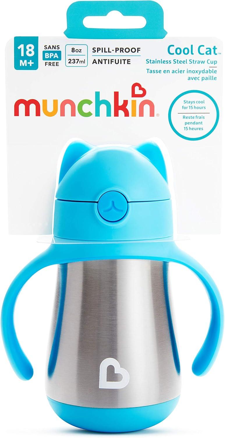 imageMunchkin Cool Cat Sippy Cup for Toddlers Stainless Steel Straw Cup 8 Ounce PurpleBlue
