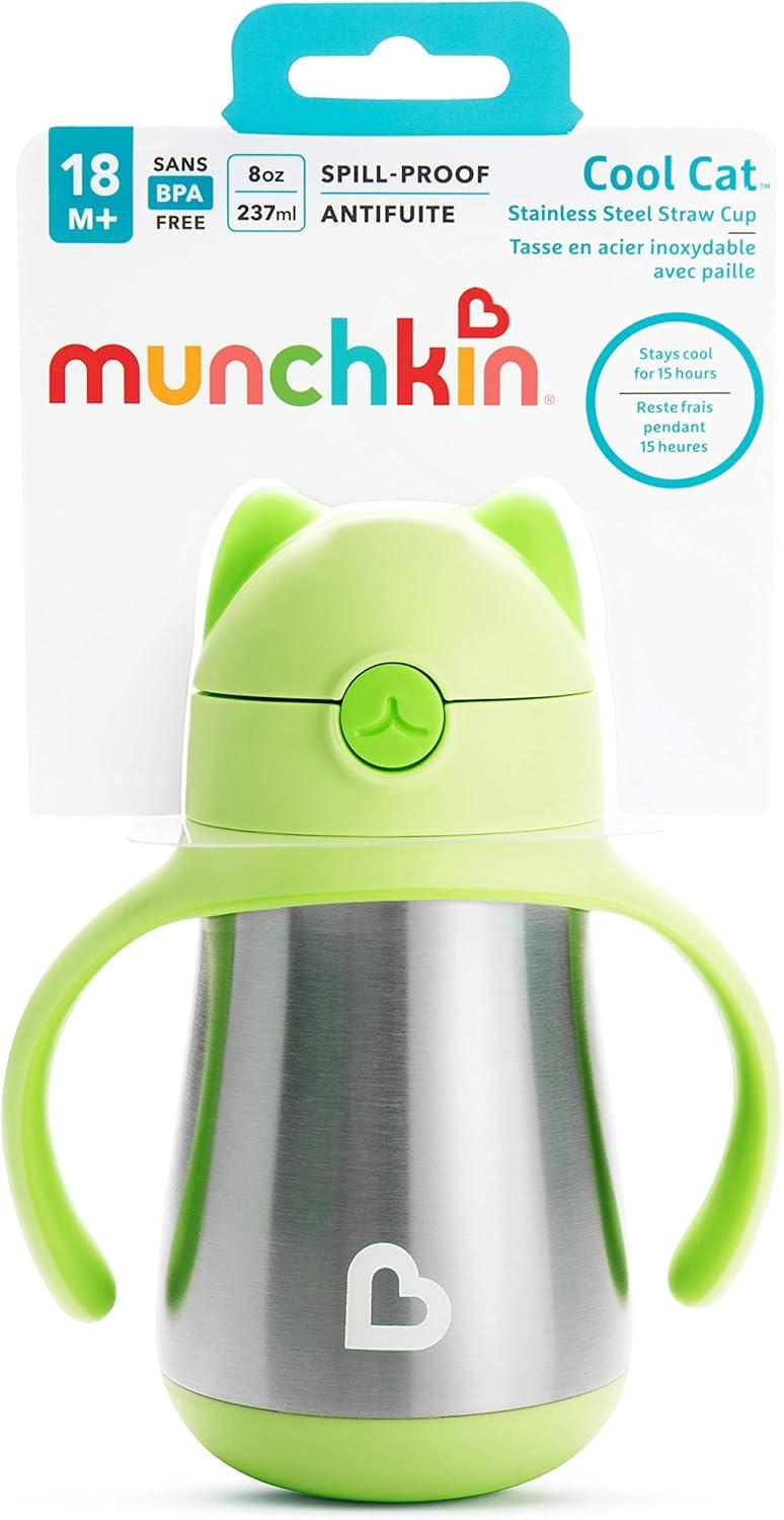 imageMunchkin Cool Cat Sippy Cup for Toddlers Stainless Steel Straw Cup 8 Ounce PurpleGreen