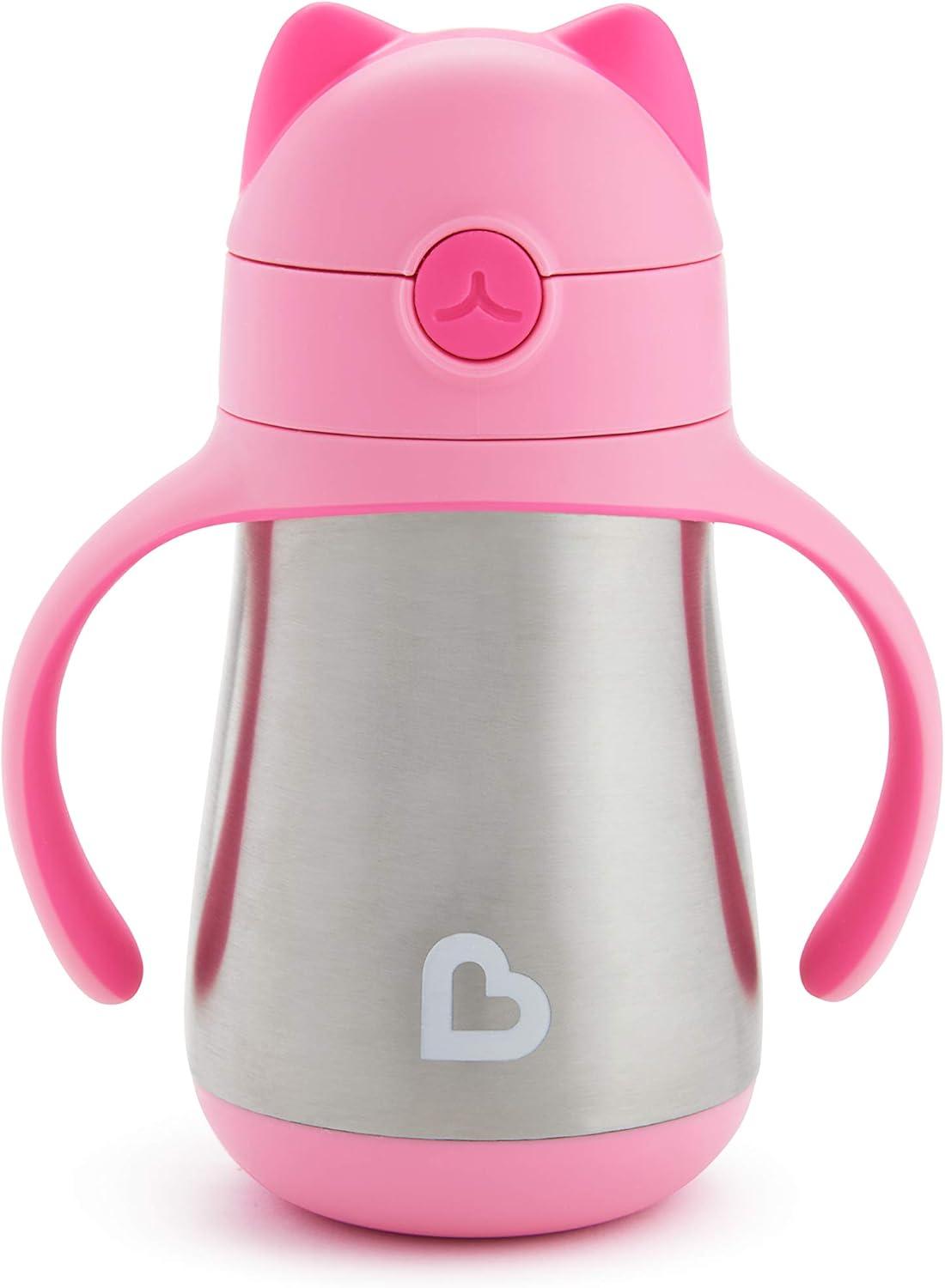 imageMunchkin Cool Cat Sippy Cup for Toddlers Stainless Steel Straw Cup 8 Ounce PurplePink