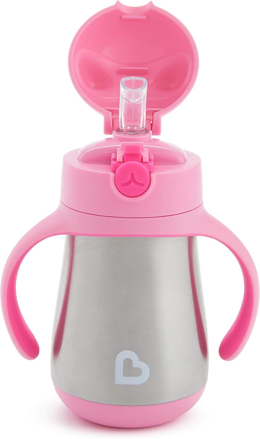 imageMunchkin Cool Cat Sippy Cup for Toddlers Stainless Steel Straw Cup 8 Ounce PurplePink