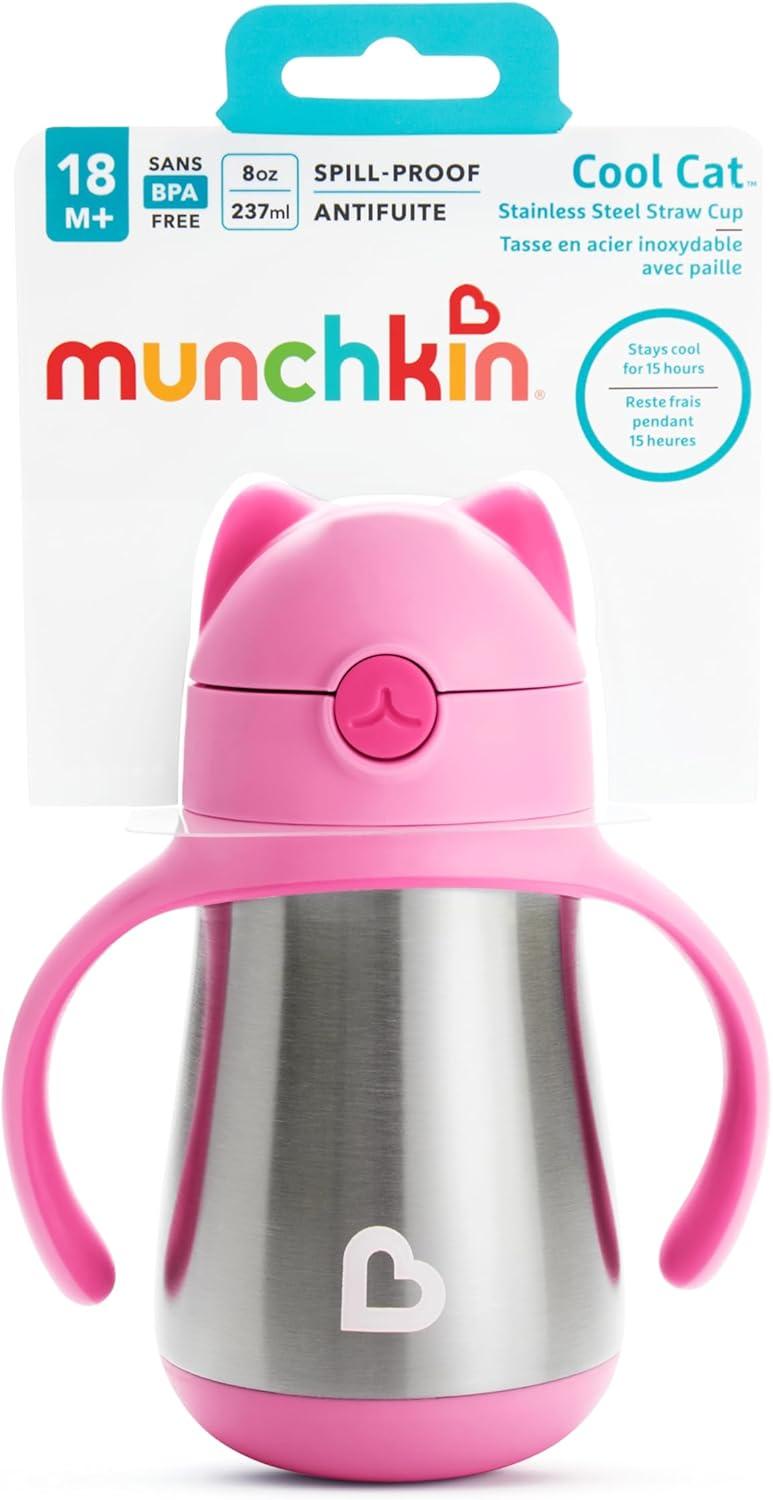 imageMunchkin Cool Cat Sippy Cup for Toddlers Stainless Steel Straw Cup 8 Ounce PurplePink