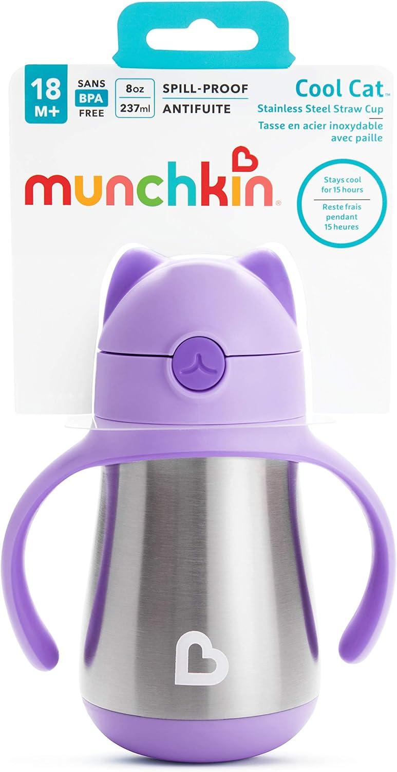 imageMunchkin Cool Cat Sippy Cup for Toddlers Stainless Steel Straw Cup 8 Ounce PurplePurple