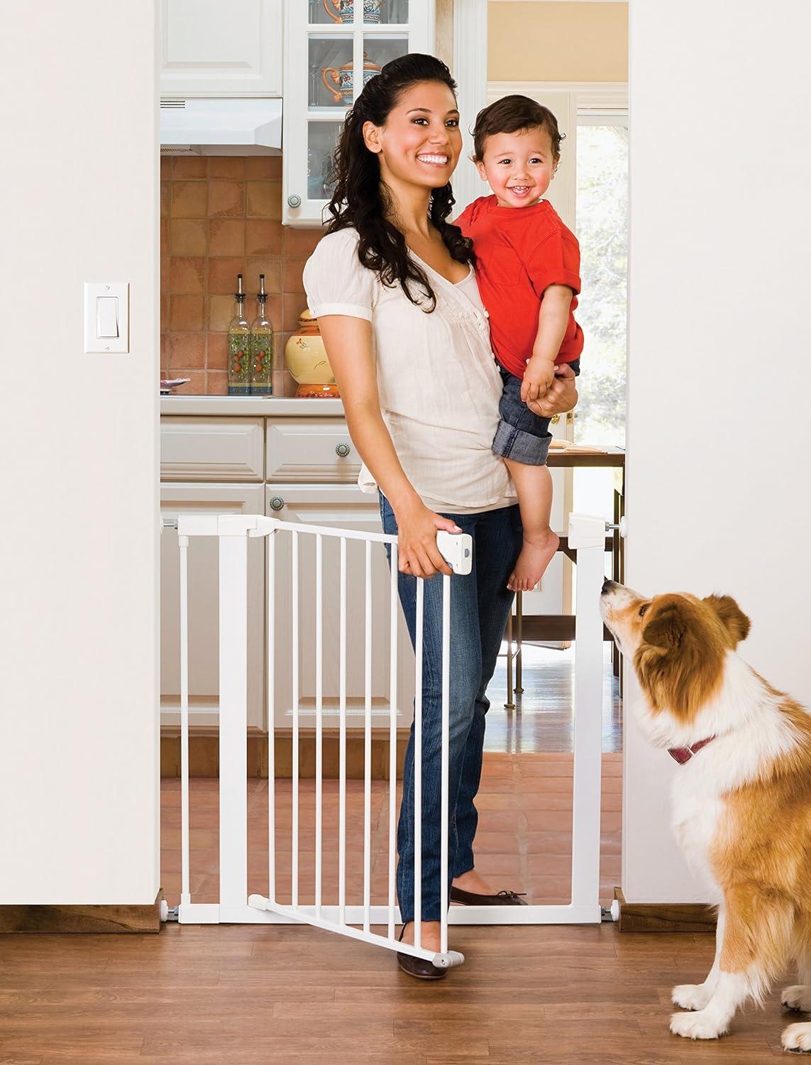 imageMunchkin Easy Close Pressure Mounted Baby Gate for Stairs Hallways and Doors Walk Through with Door Metal White 35x295 Inch Pack of 1White