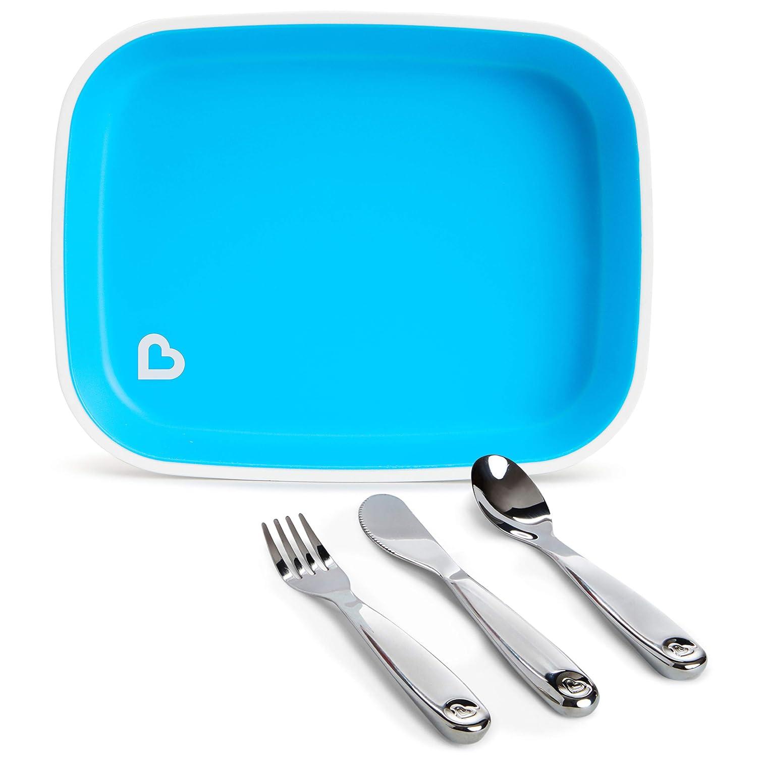 imageMunchkin Food Adventure Splash Toddler Dining Set Includes Plate and Stainless Steel Utensils BlueBlue