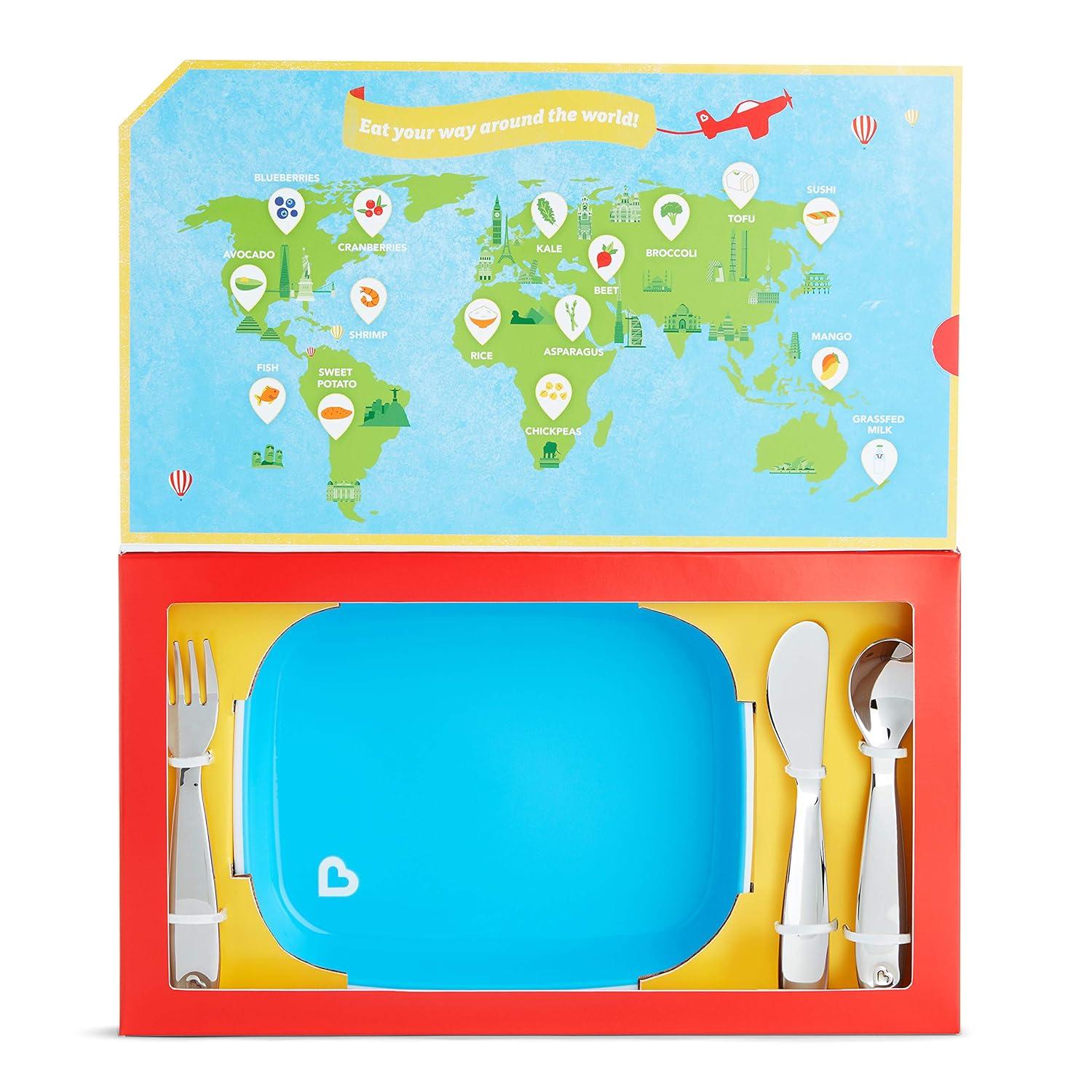 imageMunchkin Food Adventure Splash Toddler Dining Set Includes Plate and Stainless Steel Utensils BlueBlue
