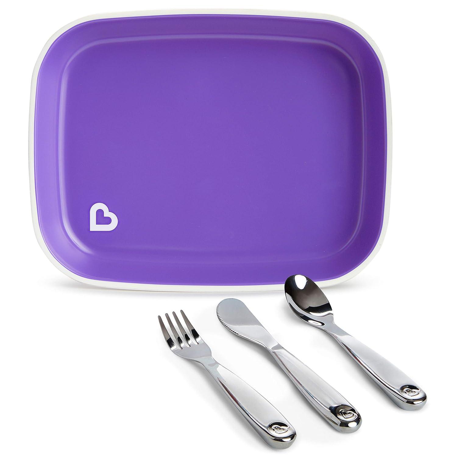 imageMunchkin Food Adventure Splash Toddler Dining Set Includes Plate and Stainless Steel Utensils BluePurple
