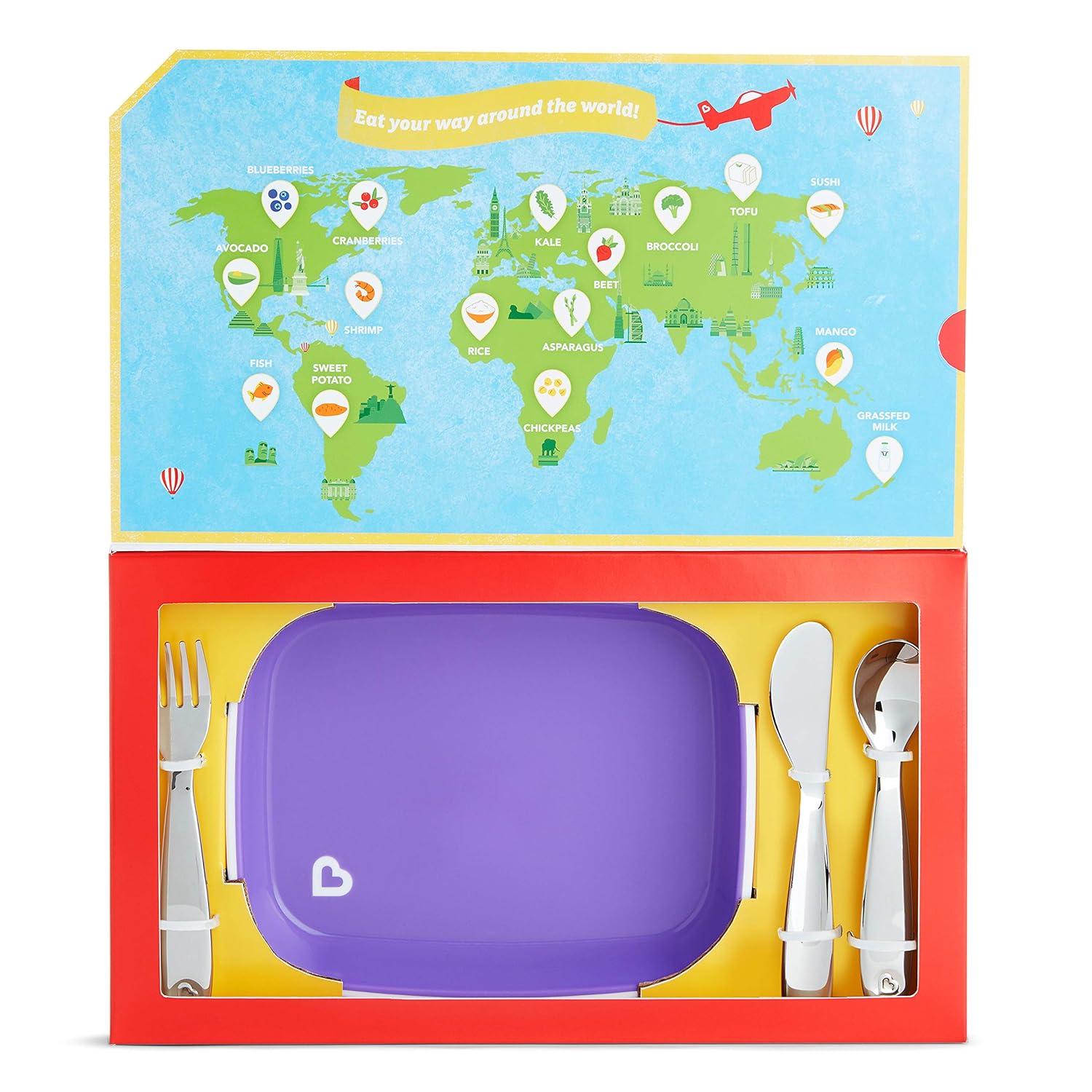 imageMunchkin Food Adventure Splash Toddler Dining Set Includes Plate and Stainless Steel Utensils BluePurple