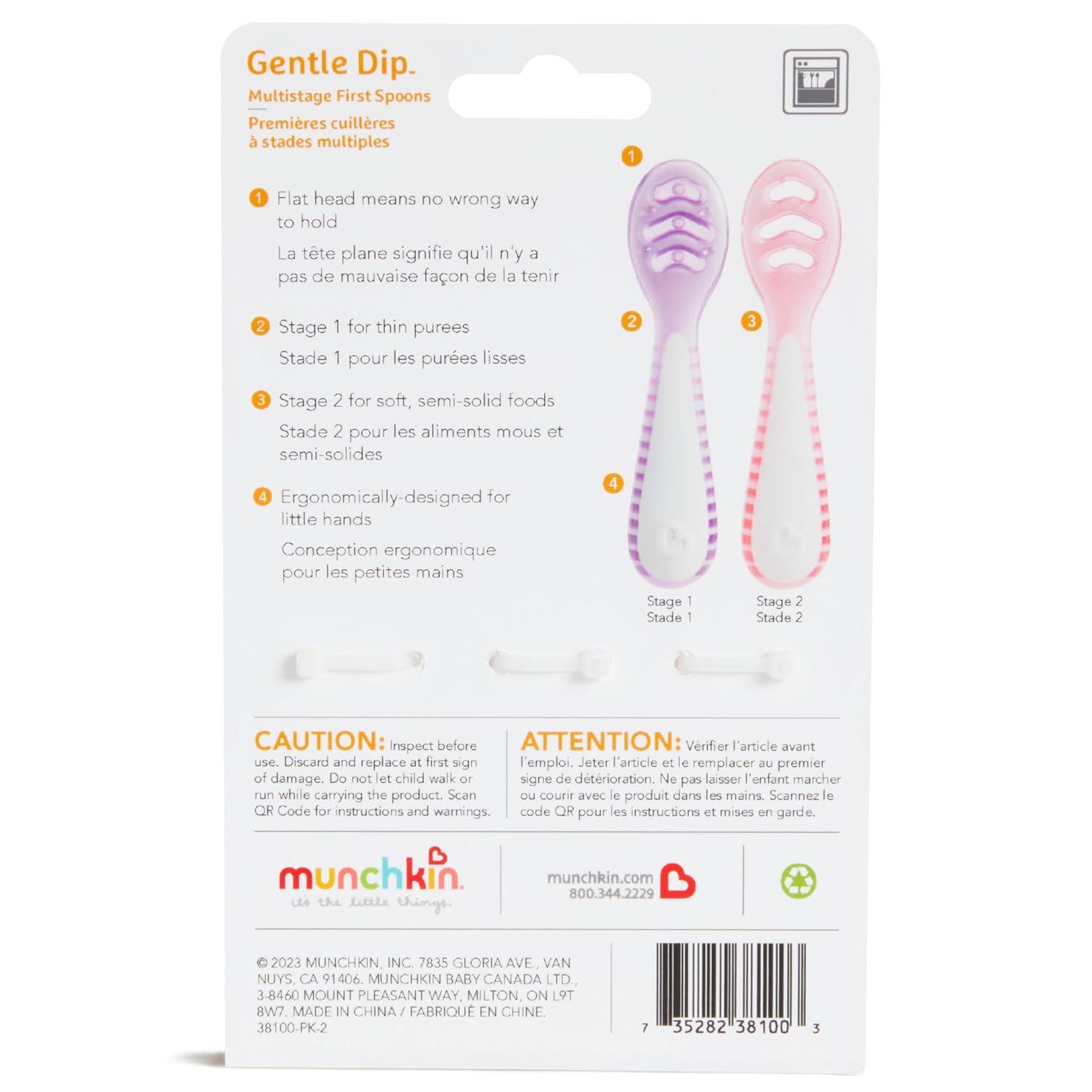 imageMunchkin Gentle Dip Baby Spoons for Self Feeding and Baby Led Weaning 3 Pack PinkPurpleCoralPurple