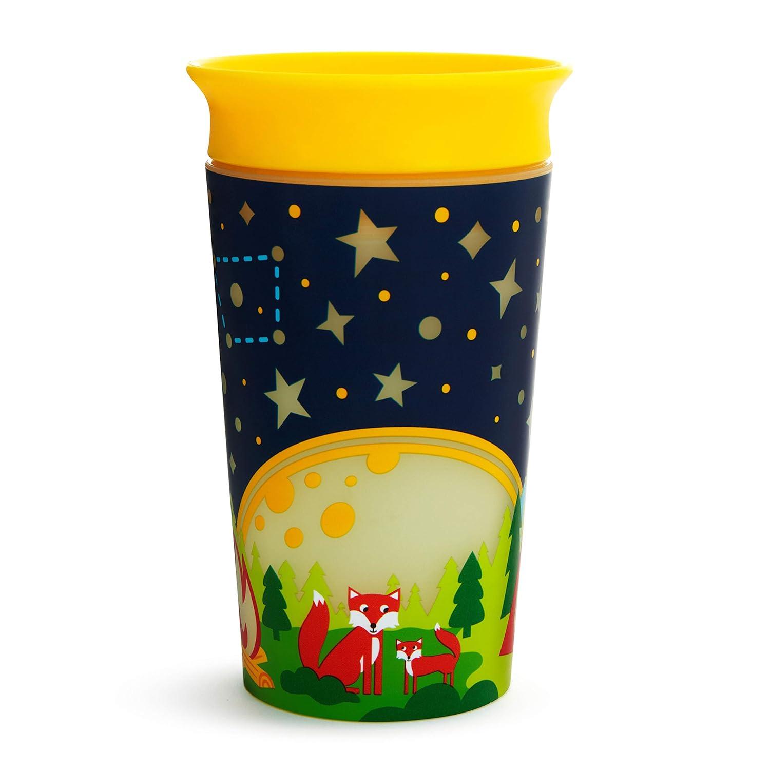 imageMunchkin Glow in The Dark Toddler Sippy Cup with Miracle 360 Spoutless Spill Proof Drinking Edge 9 Ounce Camping YellowCamping