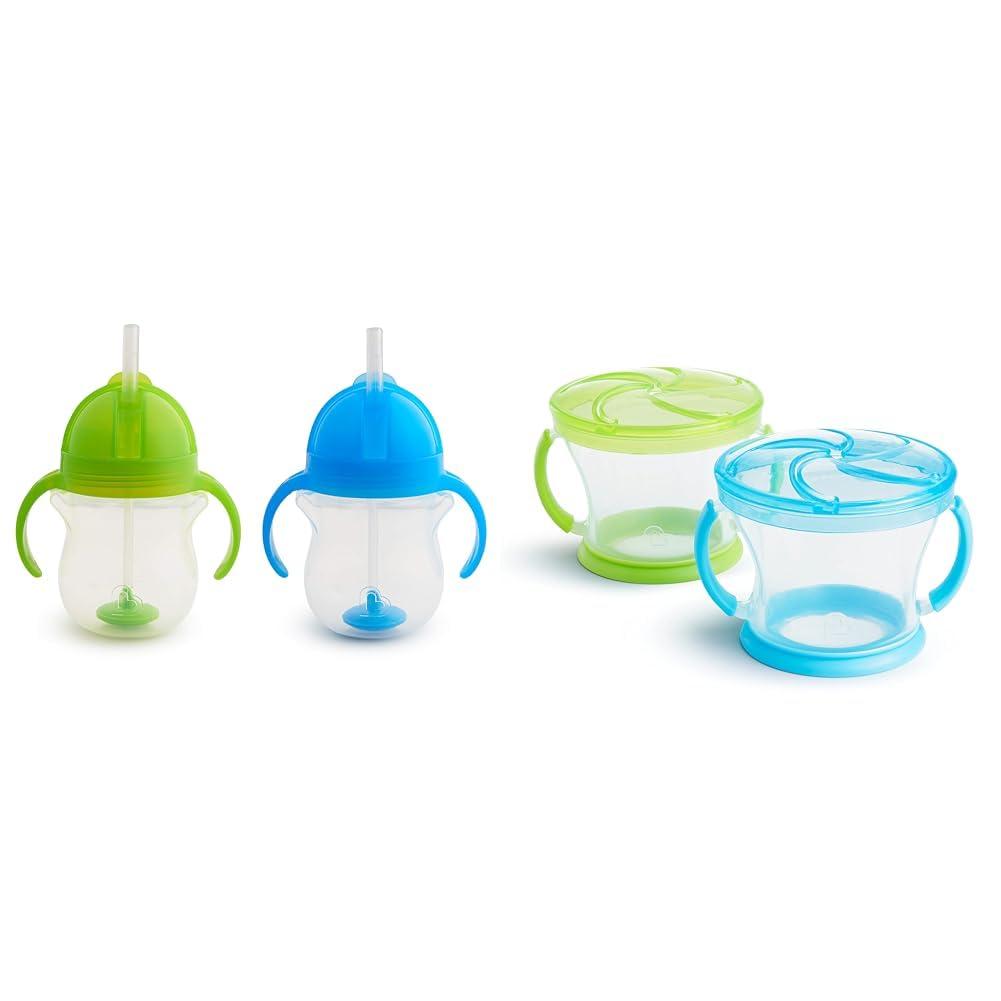 imageMunchkin Happy Snacker Toddler Cups and Snack Containers  7oz Any Angle Weighted Straw Trainer Cup and 9oz Snack Catchers PurplePinkBlueGreen