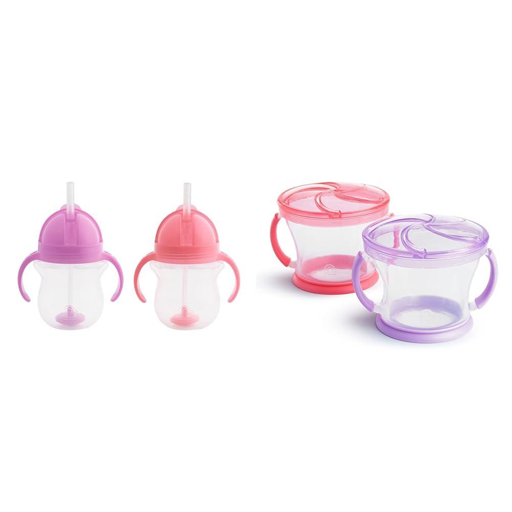 imageMunchkin Happy Snacker Toddler Cups and Snack Containers  7oz Any Angle Weighted Straw Trainer Cup and 9oz Snack Catchers PurplePinkPinkPurple