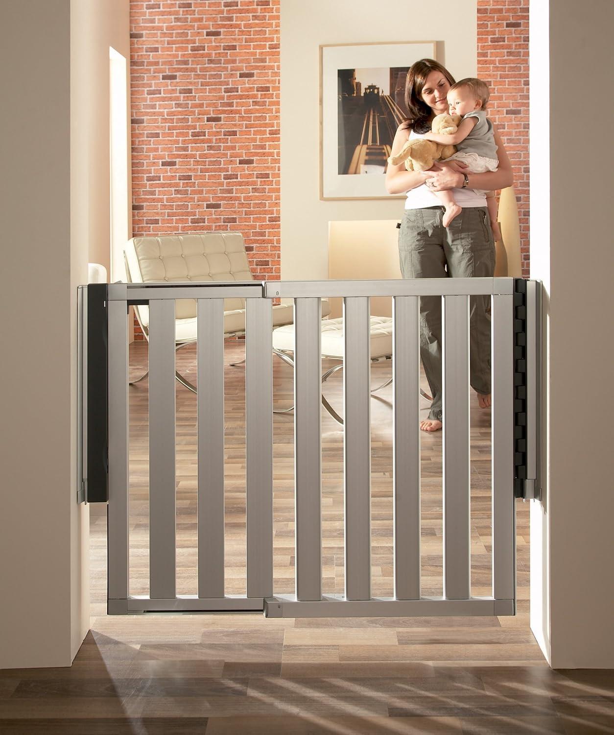 imageMunchkin Loft Hardware Mounted Baby Gate for Stairs Hallways and Doors Extends 265quot 40quot Wide Silver AluminumTemporary Gate