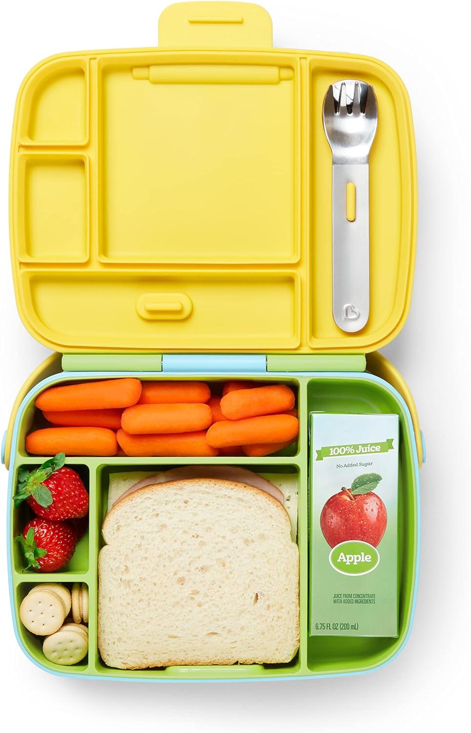 imageMunchkin Lunch Bento Box for Kids and Toddlers Includes Stainless Steel Utensils BPAFree 18 Months and Up BlueGreenYellowGreen