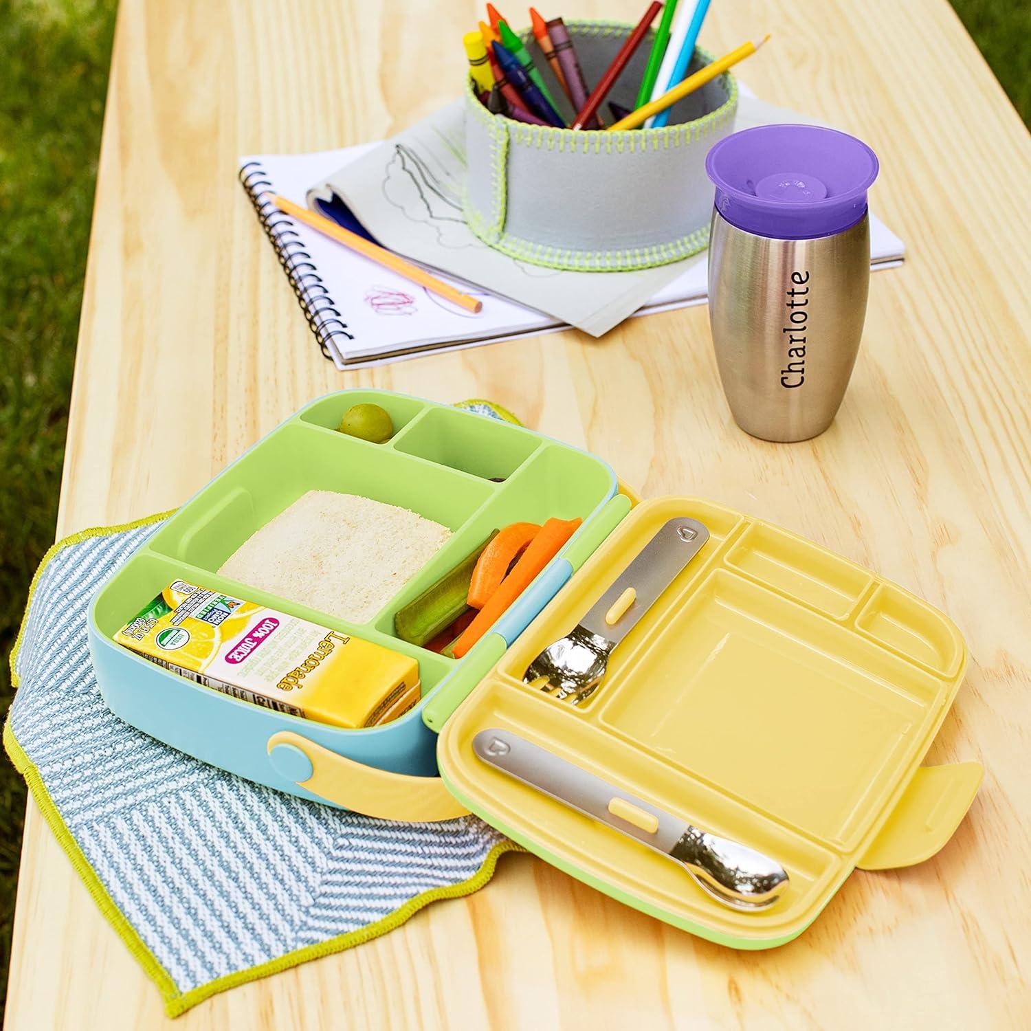 imageMunchkin Lunch Bento Box for Kids and Toddlers Includes Stainless Steel Utensils BPAFree 18 Months and Up BlueGreenYellowGreen