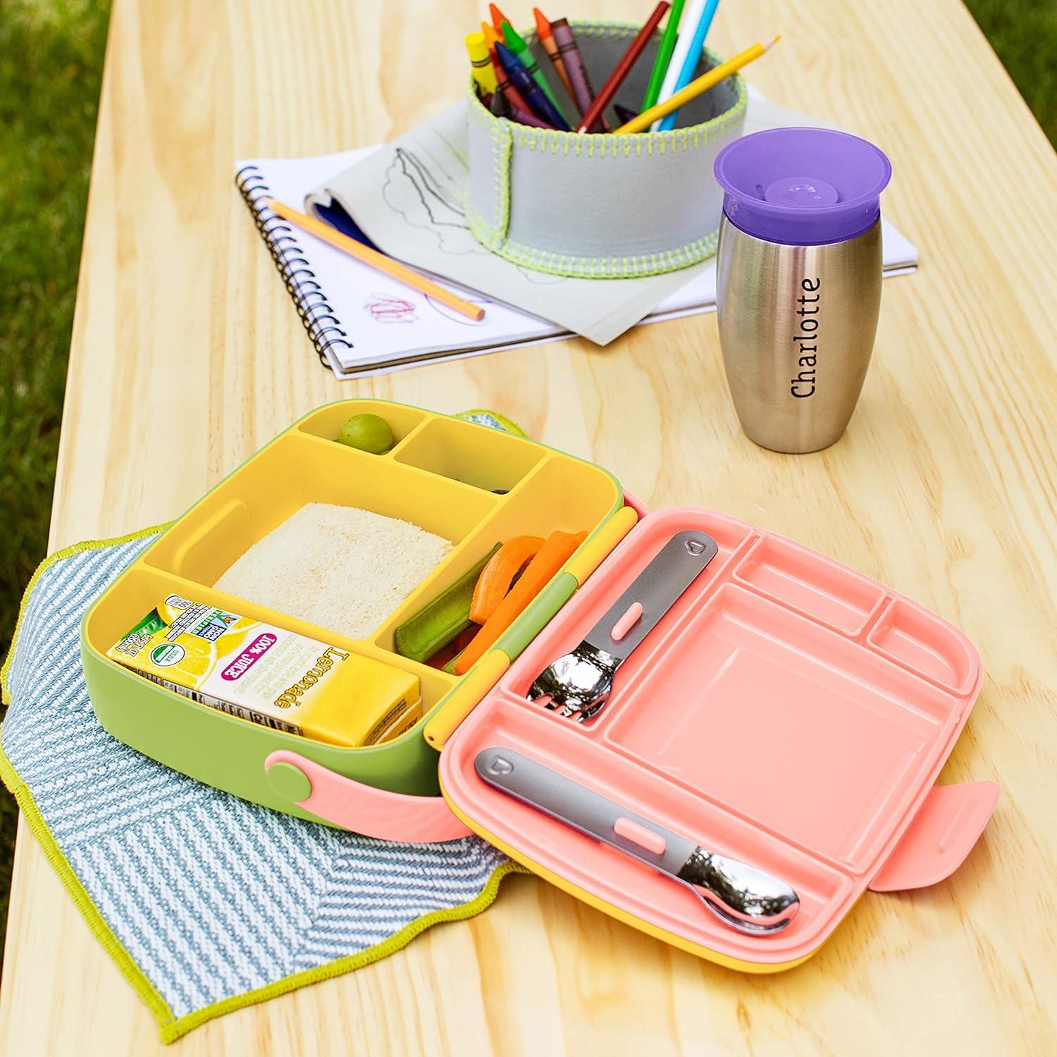 imageMunchkin Lunch Bento Box for Kids and Toddlers Includes Stainless Steel Utensils BPAFree 18 Months and Up BlueGreenYellowYellow