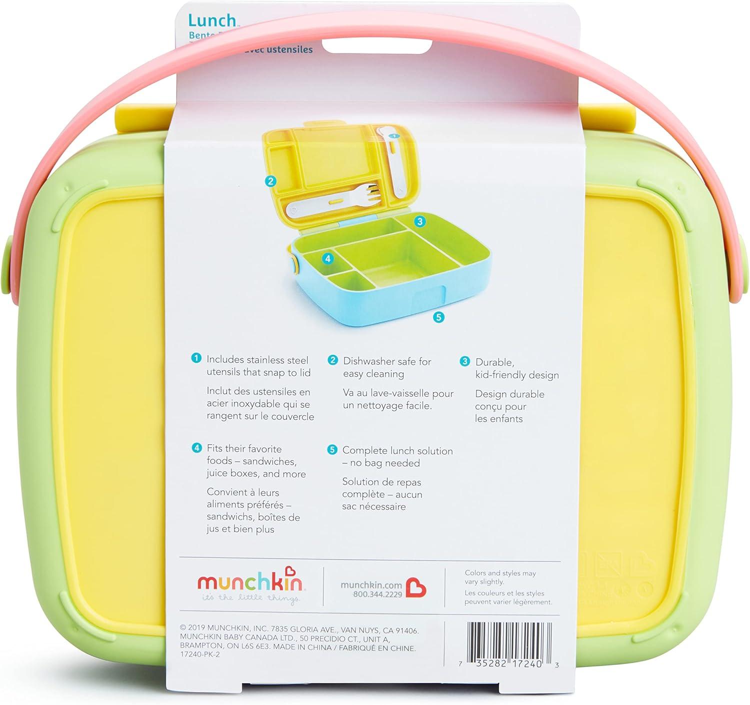 imageMunchkin Lunch Bento Box for Kids and Toddlers Includes Stainless Steel Utensils BPAFree 18 Months and Up BlueGreenYellowYellow