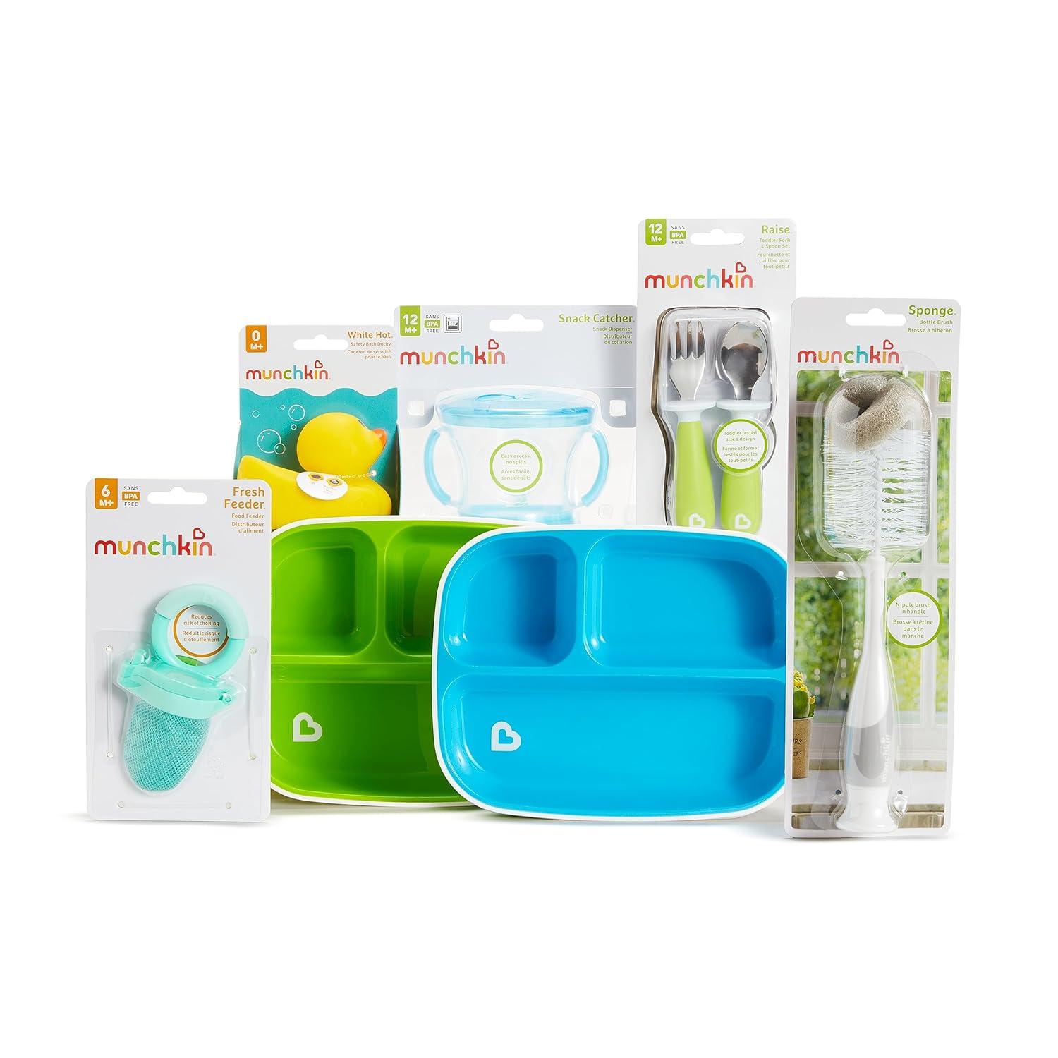 imageMunchkin New Beginnings Baby Gift Set Includes Feeding Utensils Divided Plates Bottle Brush Bath Toy and Teether PinkNeutral