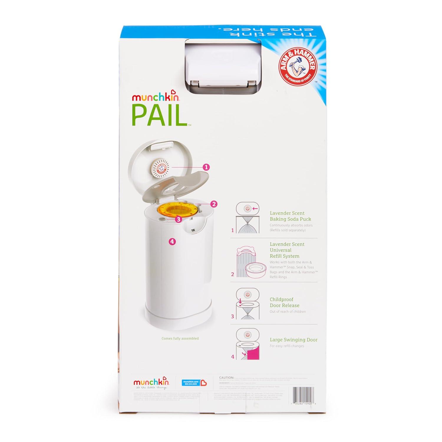 imageMunchkin PAIL Diaper Pail Baby Registry Starter Set Powered by Arm ampamp Hammer Includes 6 Snap Seal and Toss Bags 1 Starter Refill Ring and 1 PUCK Baking Soda CartridgeDiaper Pail