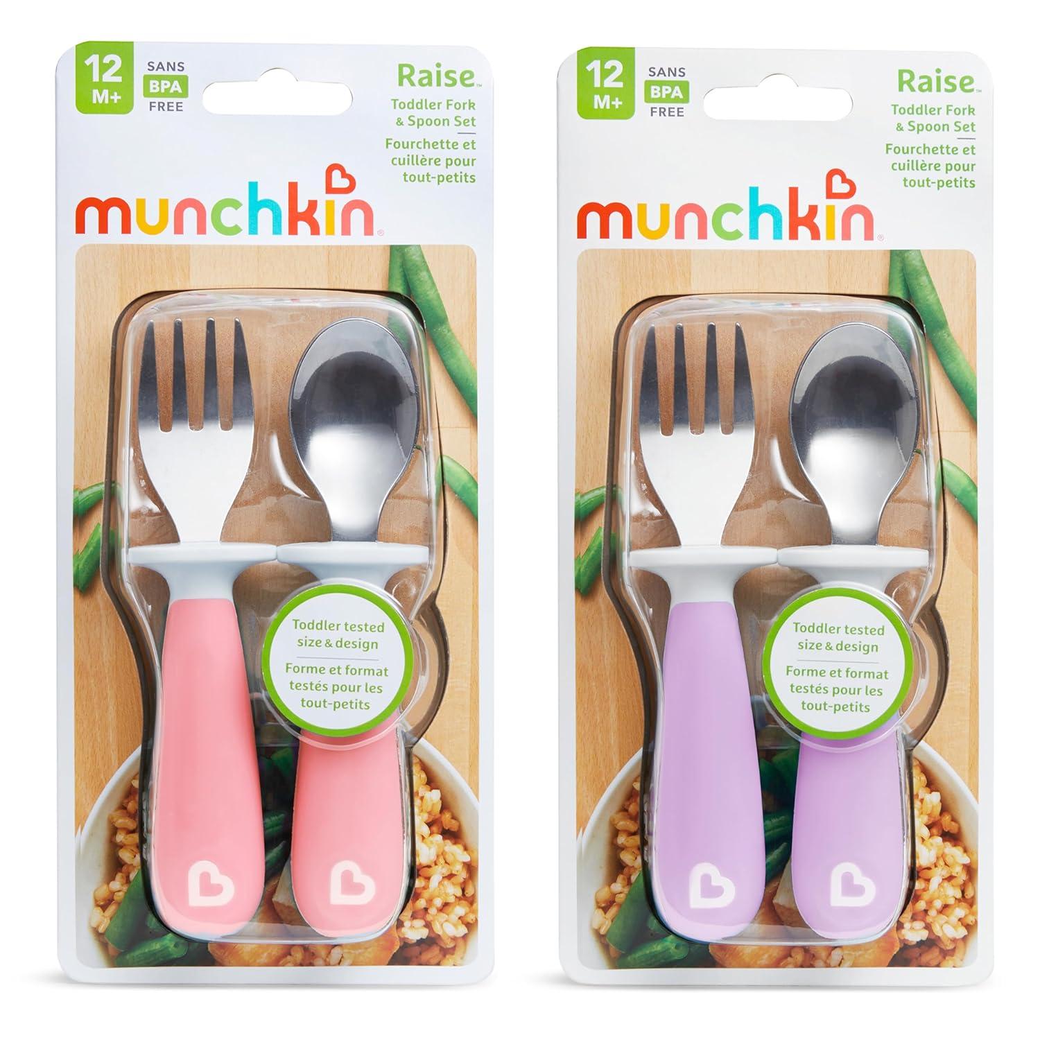 imageMunchkin Raise Toddler Fork and Spoon Utensil Set Rest Keeps Tip Off Table BPA Free 4 Pack BlueGreenPinkPurple
