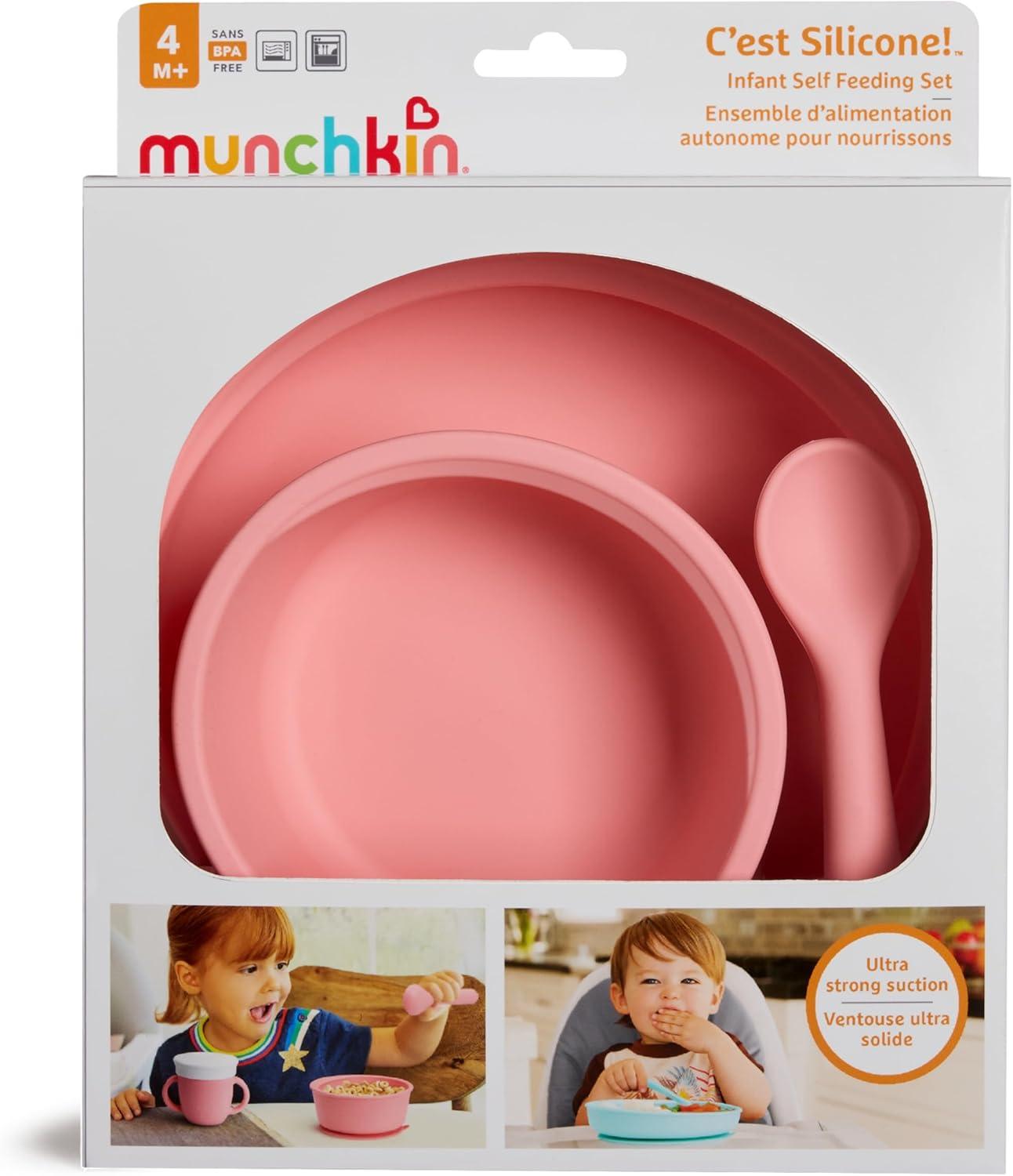 imageMunchkin Silicone Baby Feeding Set Toddler Suction Bowl Plate and Spoon Baby Led Weaning and Infant Self Feeding Cest Silicone Mealtime Set 4 Months and Up BPA Free MintCoral