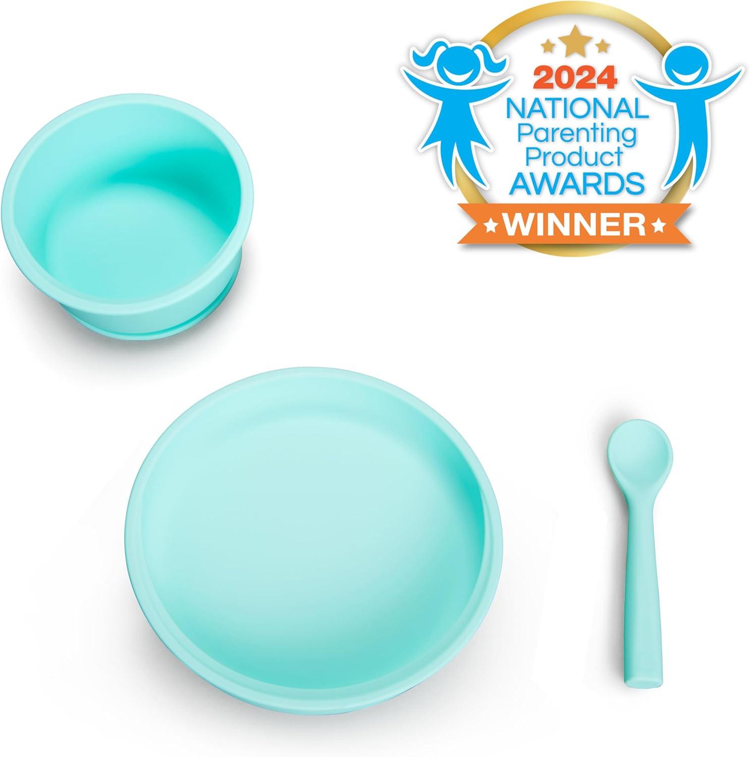 imageMunchkin Silicone Baby Feeding Set Toddler Suction Bowl Plate and Spoon Baby Led Weaning and Infant Self Feeding Cest Silicone Mealtime Set 4 Months and Up BPA Free MintMint