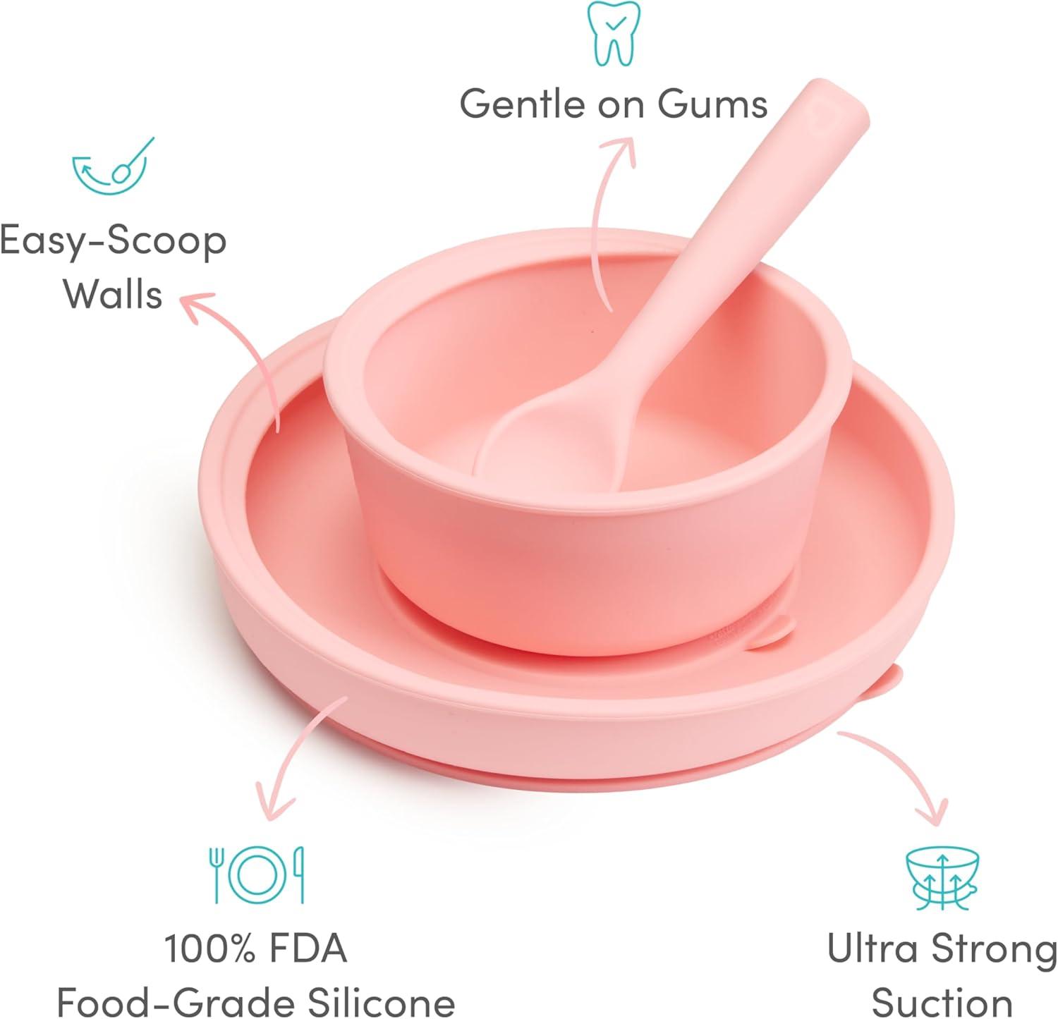 imageMunchkin Silicone Baby Feeding Set Toddler Suction Bowl Plate and Spoon Baby Led Weaning and Infant Self Feeding Cest Silicone Mealtime Set 4 Months and Up BPA Free MintCoral