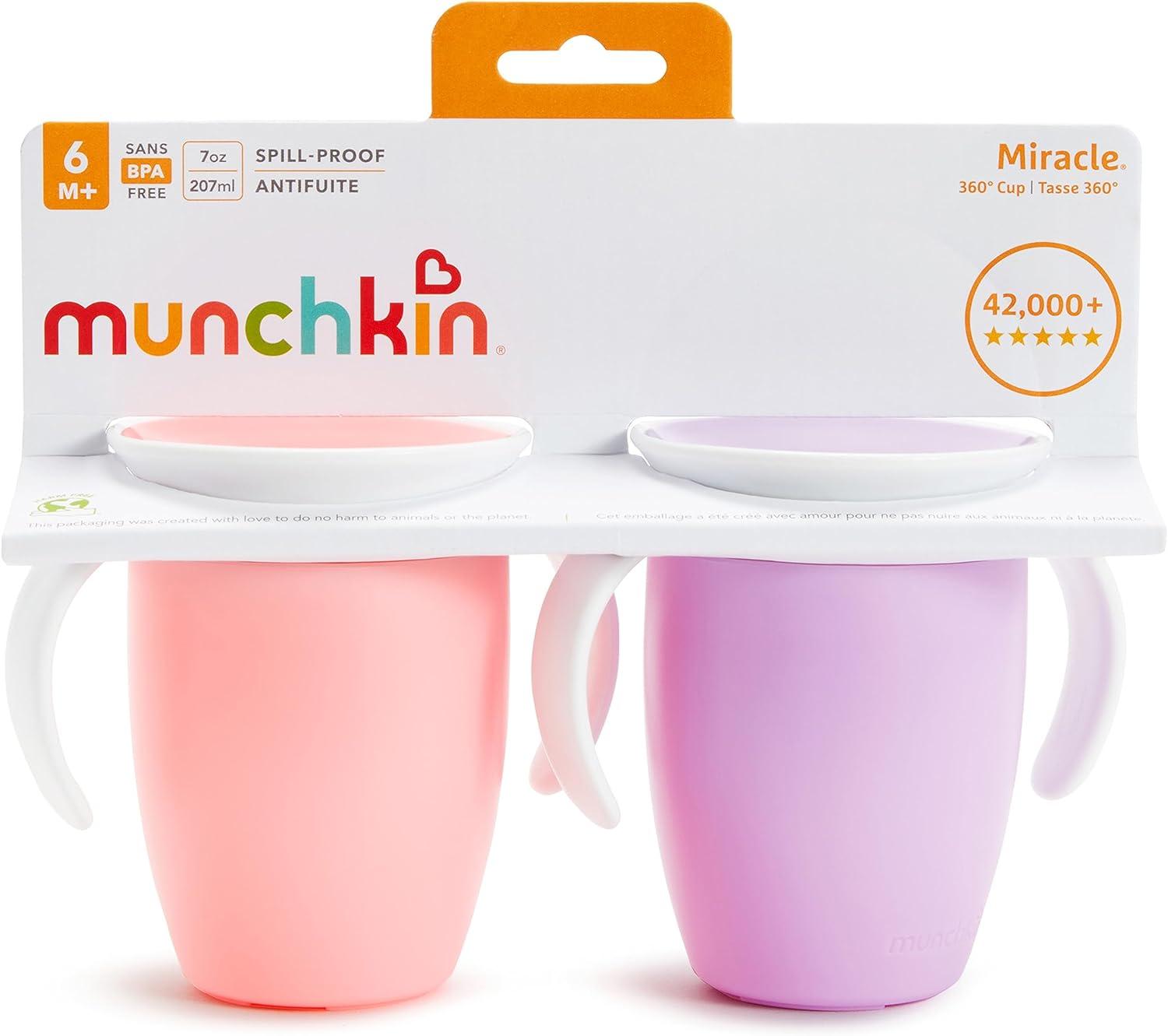 imageMunchkin Sippy Cup for 6 Month Old and Up Spill Proof Miracle 360 Toddler Cups with Straw and Open Sipper Lids 7 Ounce 5pc PinkPurple