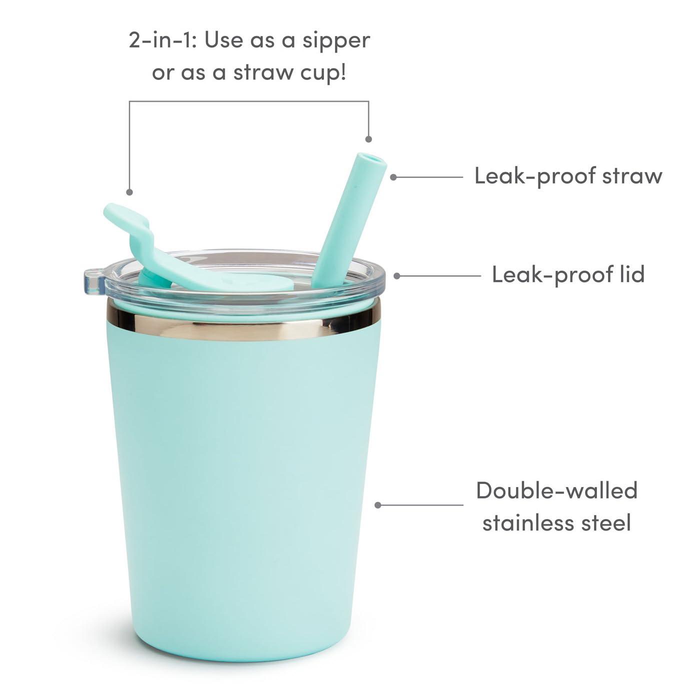 imageMunchkin Steel My Heart 2in1 Toddler Sippy Cup Tumbler with Spill Proof Simple Clean Straw and Open Sipper Lid 8 Ounce Stainless Steel TealBlue