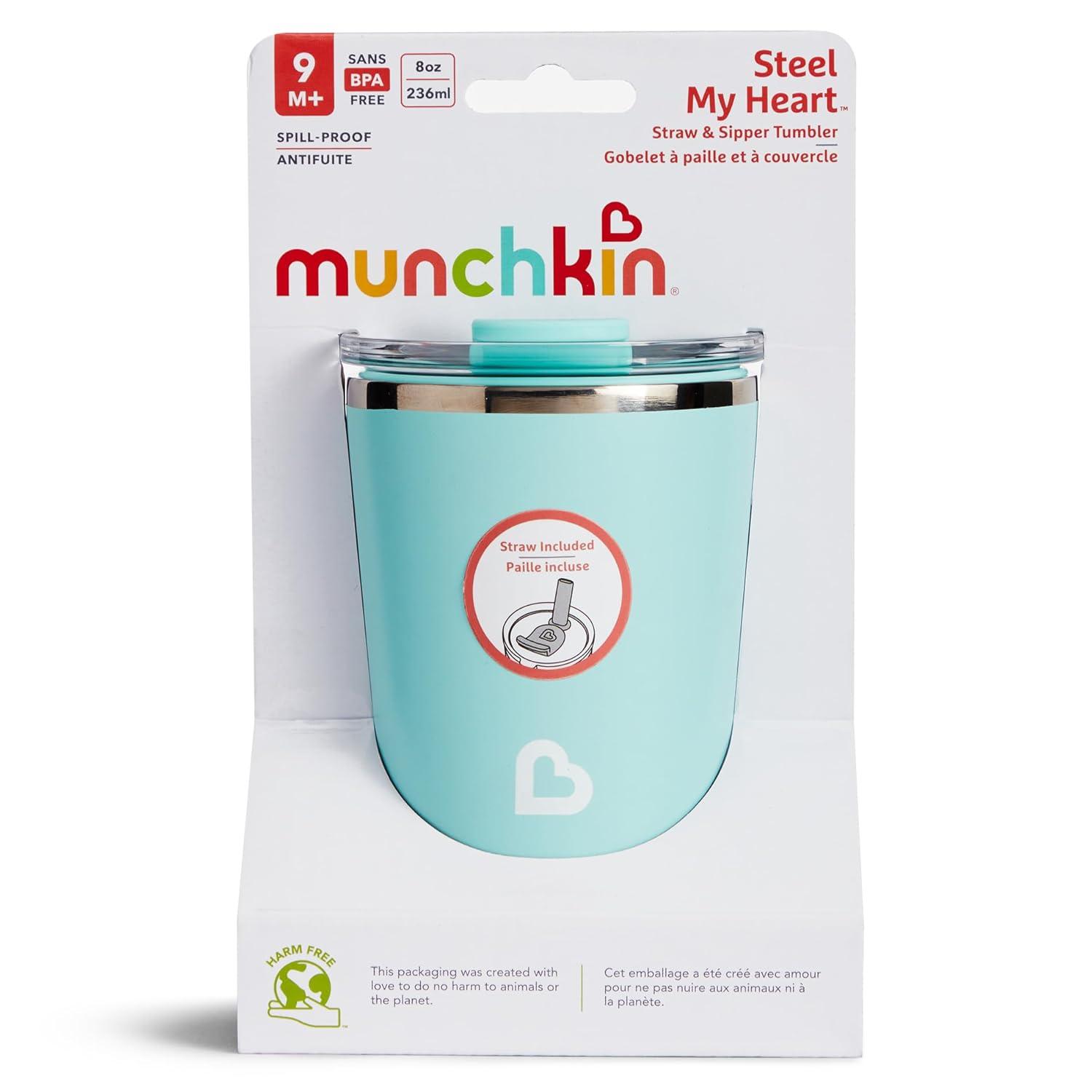 imageMunchkin Steel My Heart 2in1 Toddler Sippy Cup Tumbler with Spill Proof Simple Clean Straw and Open Sipper Lid 8 Ounce Stainless Steel TealBlue