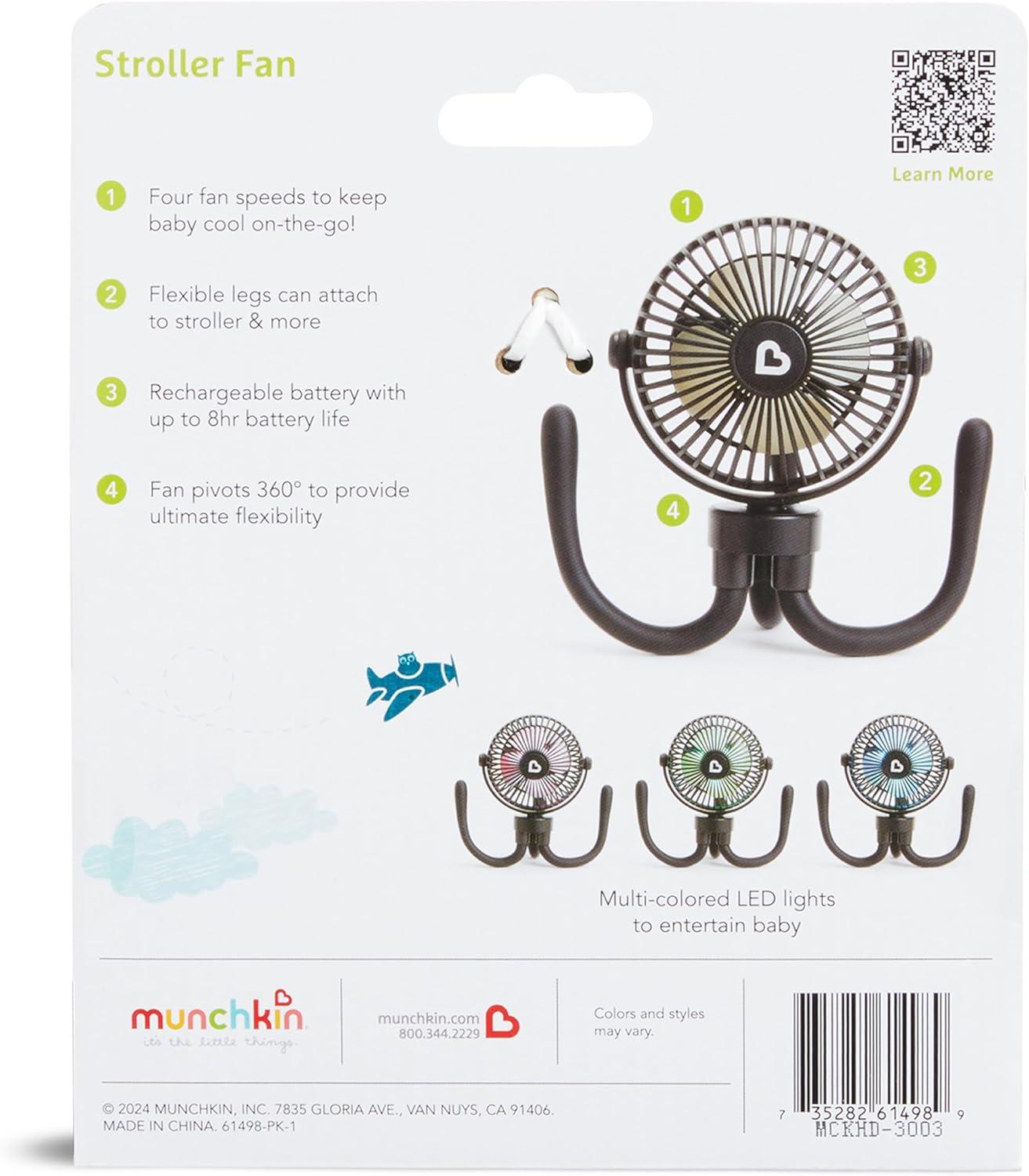 imageMunchkin Stroller Fan  Portable Fan for Travel Baby Gear Accessory with 4 Speeds Flexible Clipon Leg Attachment Rechargeable Battery Black with Multicolored LED LightsBlack