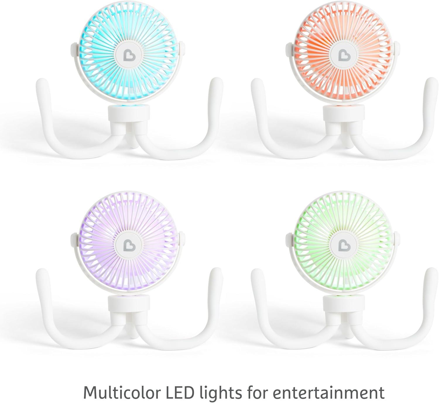 imageMunchkin Stroller Fan  Portable Fan for Travel Baby Gear Accessory with 4 Speeds Flexible Clipon Leg Attachment Rechargeable Battery Black with Multicolored LED LightsWhite
