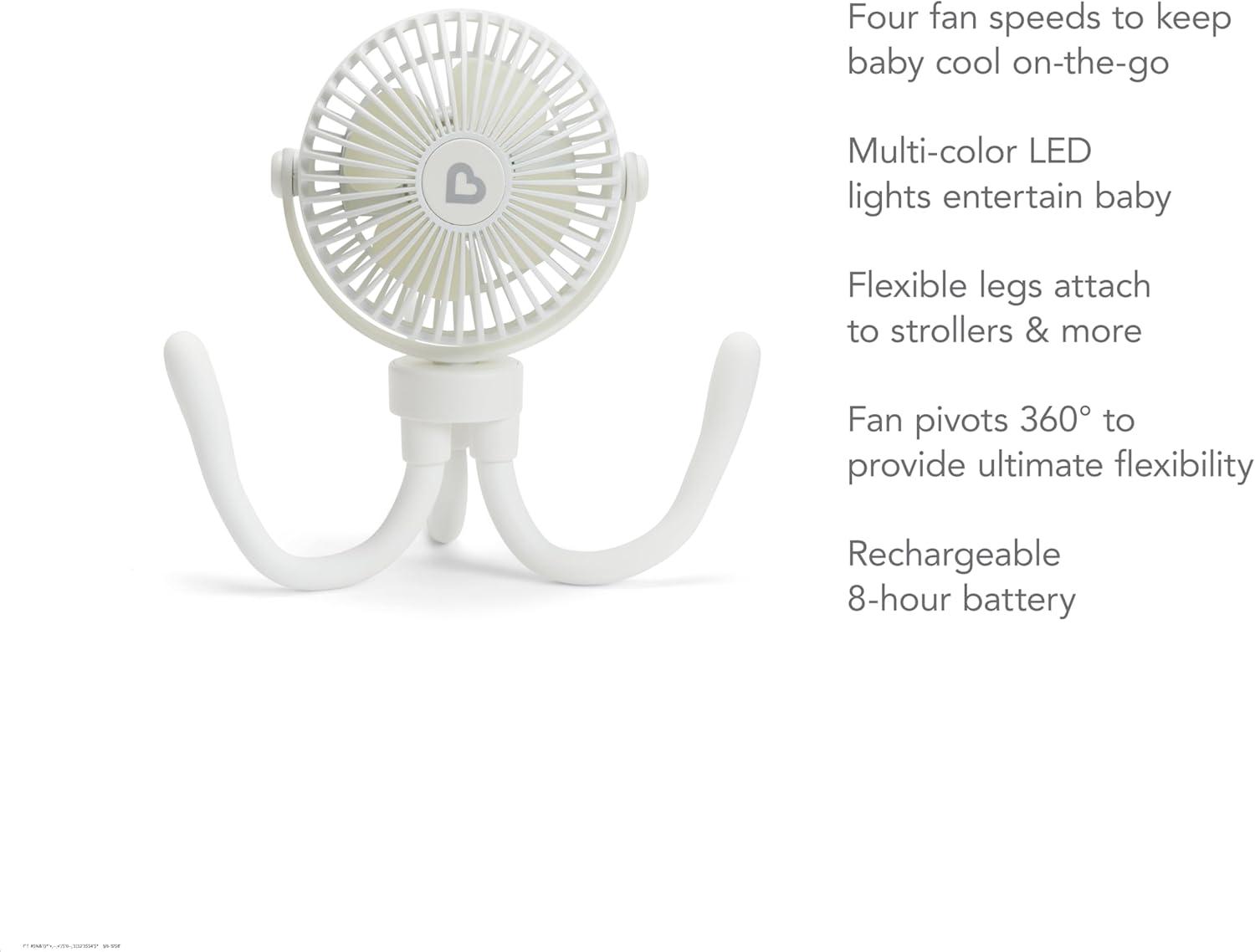 imageMunchkin Stroller Fan  Portable Fan for Travel Baby Gear Accessory with 4 Speeds Flexible Clipon Leg Attachment Rechargeable Battery Black with Multicolored LED LightsWhite