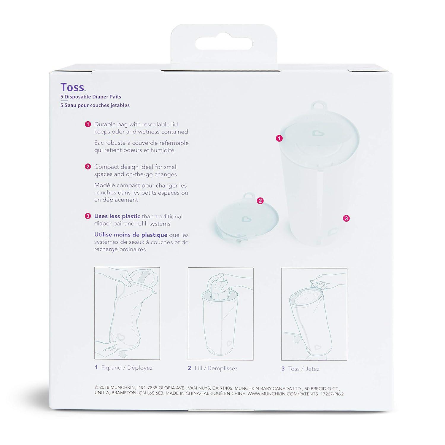 imageMunchkin Toss Portable Disposable Diaper Pail Holds up to 90 Newborn Diapers 3 Pack White5 Count Pack of 1